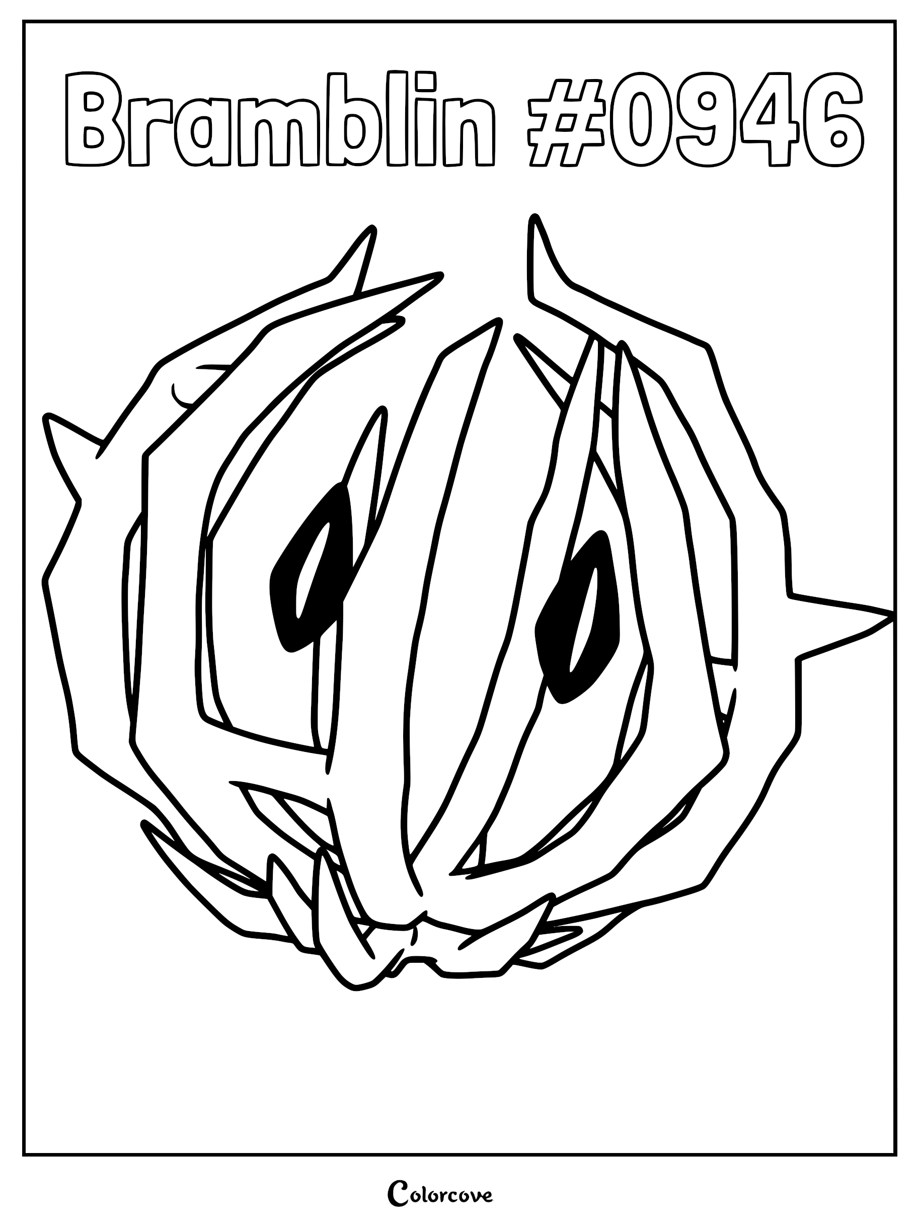 A printable coloring page featuring the Paldean Pokémon Bramblin, depicted as a tumbleweed with sharp, spiky branches and two dark, oval-shaped eyes.