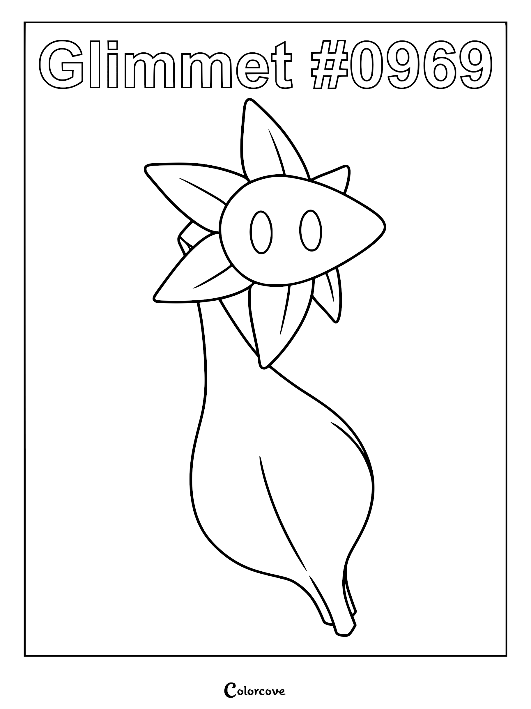 A printable coloring page featuring Glimmet, the flower-shaped Rock and Poison type Pokémon from Paldea, with its distinct petal-like head and teardrop-shaped body.