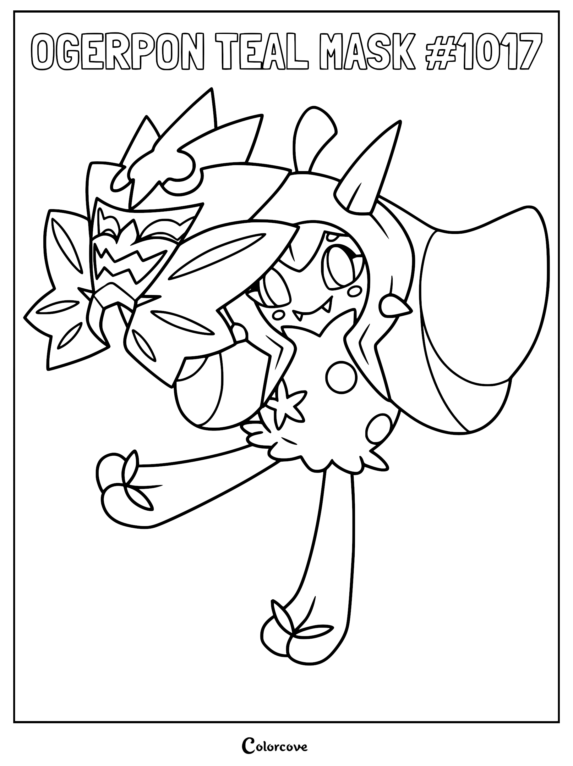 Ogerpon Teal Mask coloring page featuring the legendary Pokémon holding its signature mask with leaf-like details.