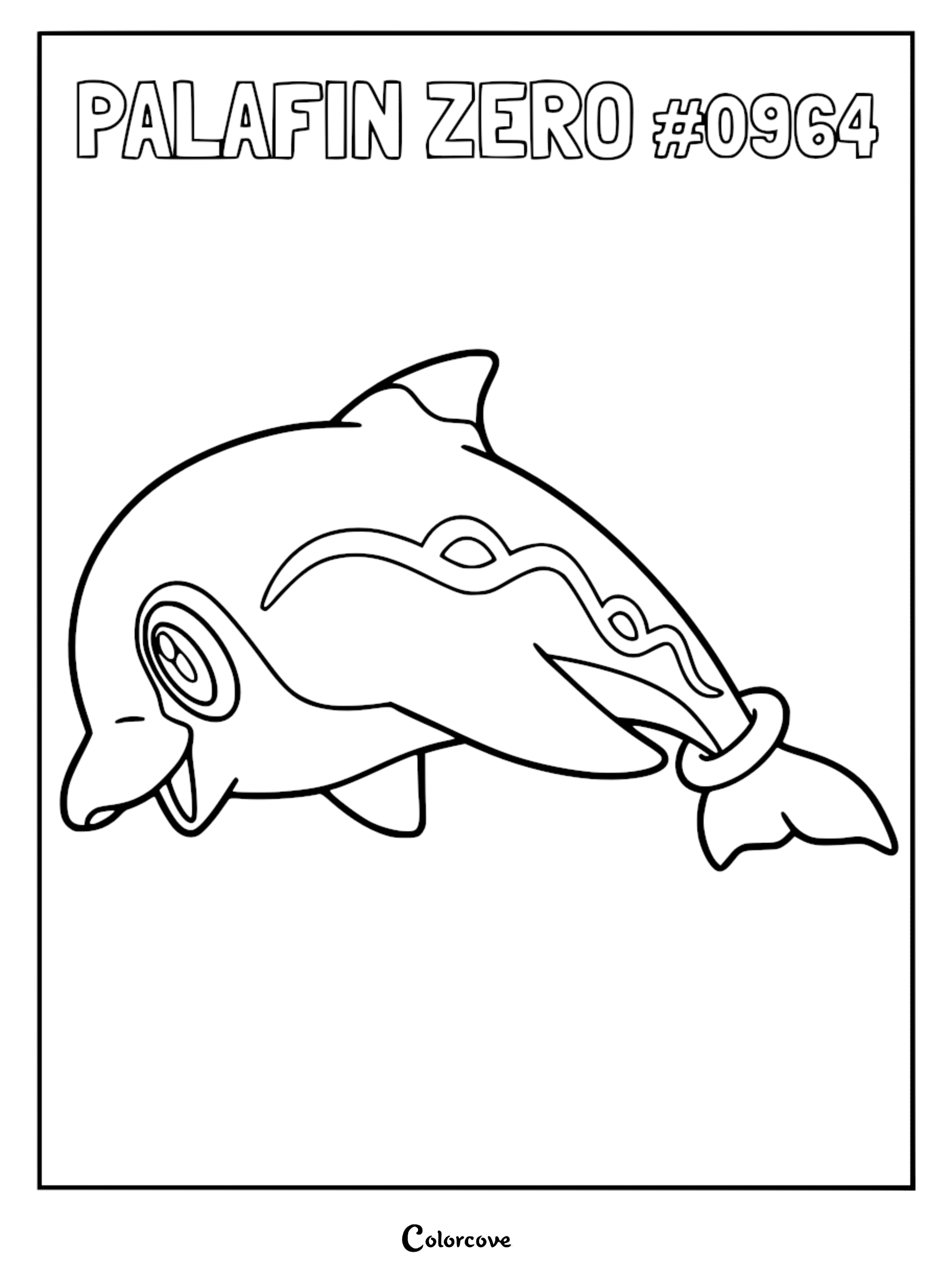 A printable coloring page featuring Palafin Zero, the dolphin Pokémon, with its signature heart-shaped pattern and tail ring.