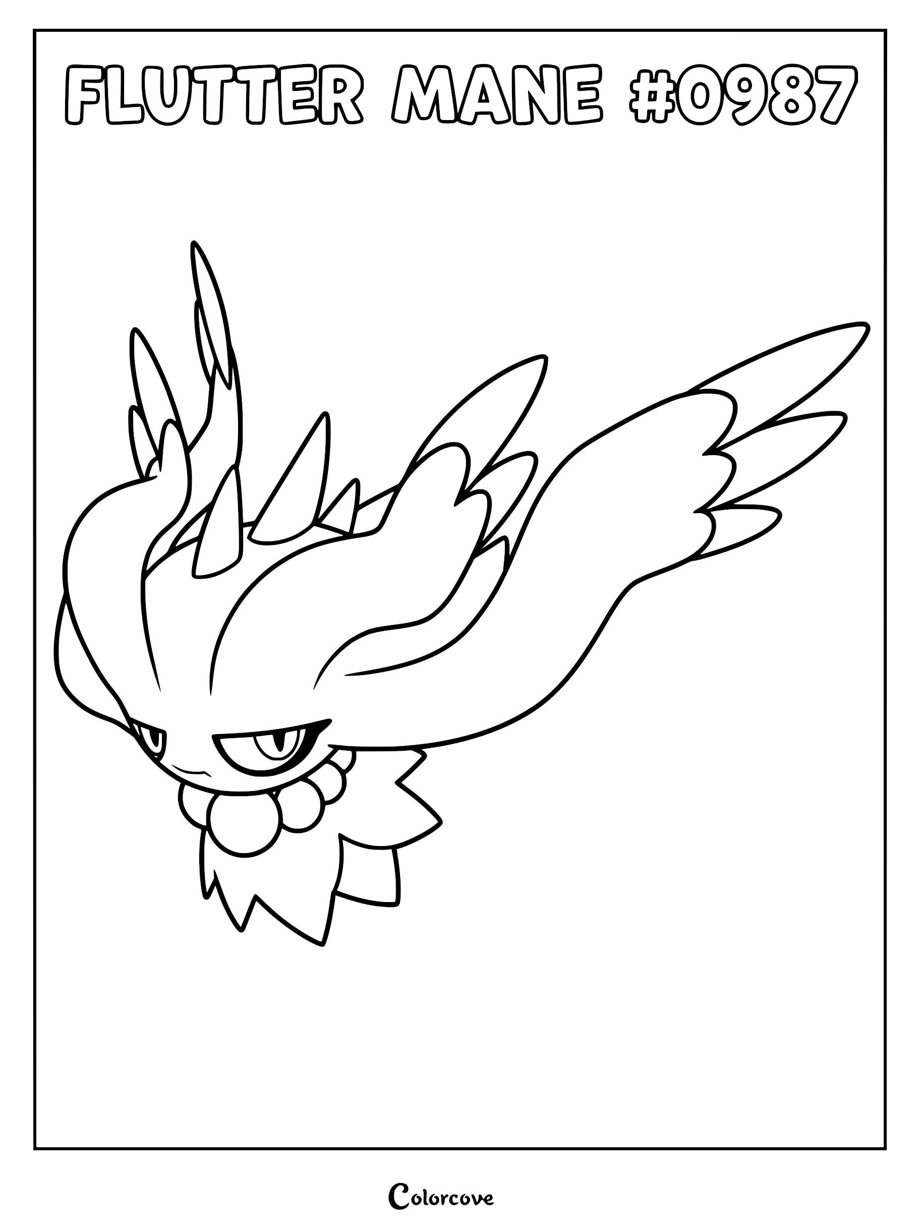 Flutter Mane line art coloring page featuring the ghost-type Paldea Pokémon with its long flowing hair and spikes.