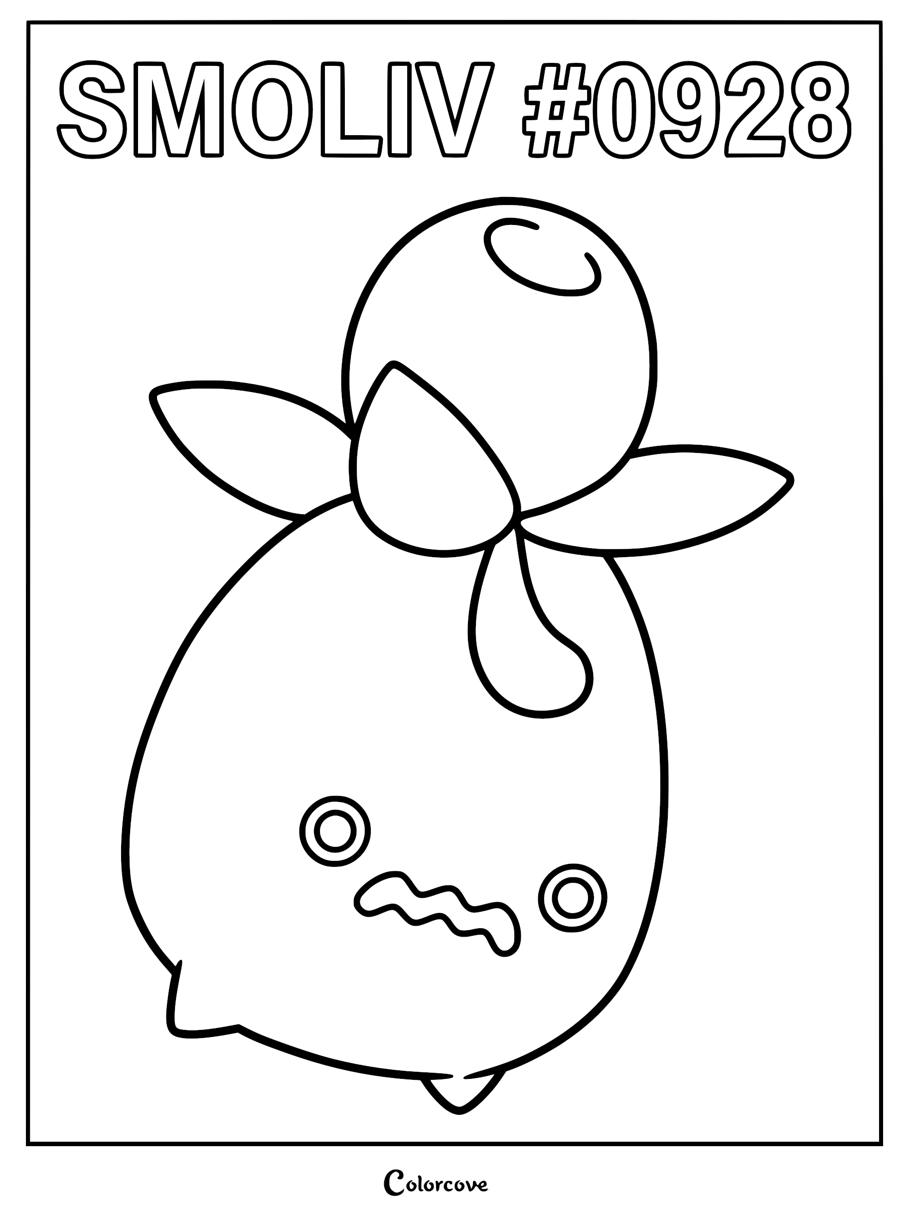 A simple black and white line art coloring page of Smoliv, the olive-shaped Pokémon, featuring its distinct round head, leaf-like appendages, and worried expression.