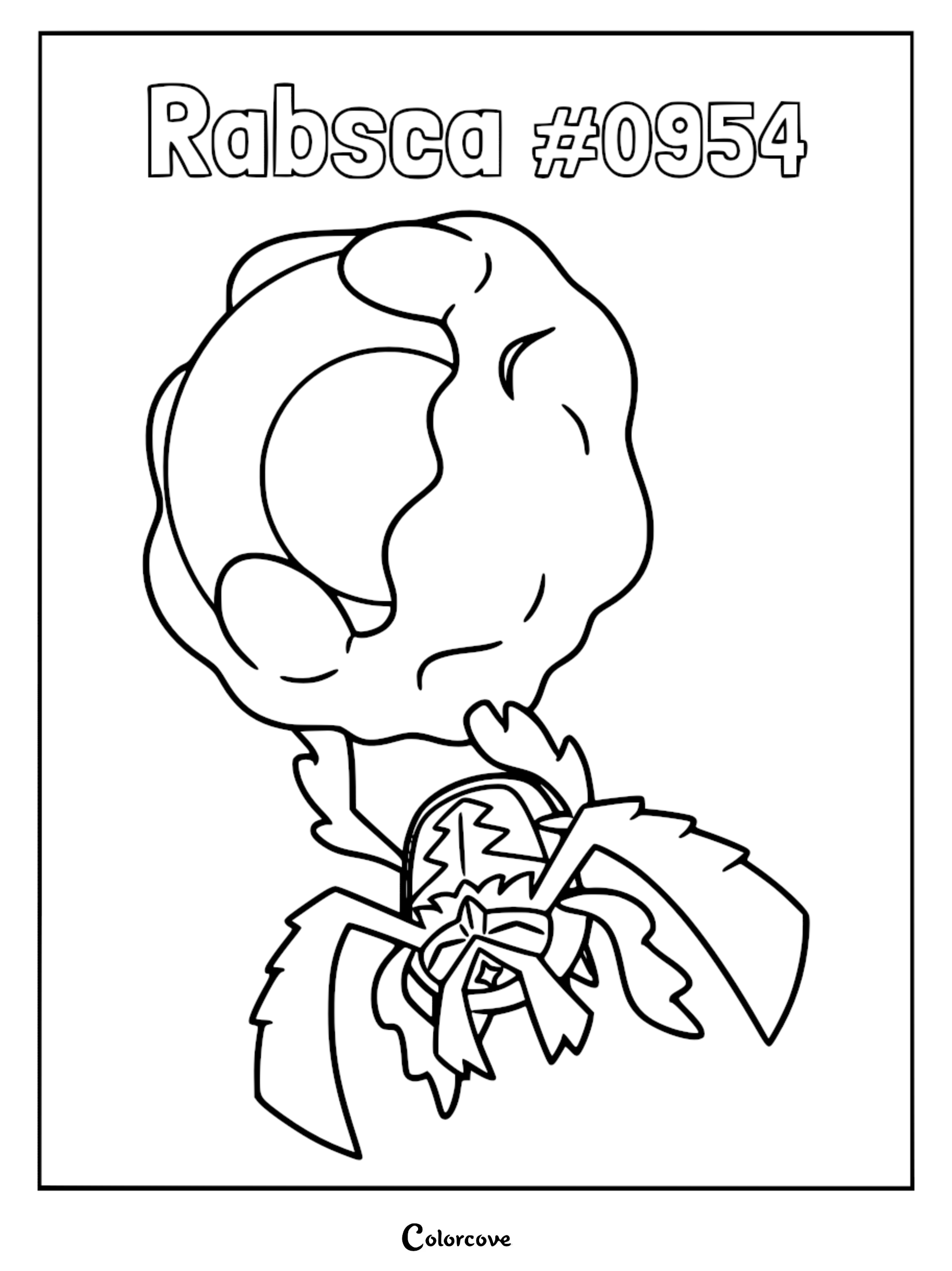 Rabsca coloring page featuring the psychic bug type Pokémon holding its large golden sphere above its head