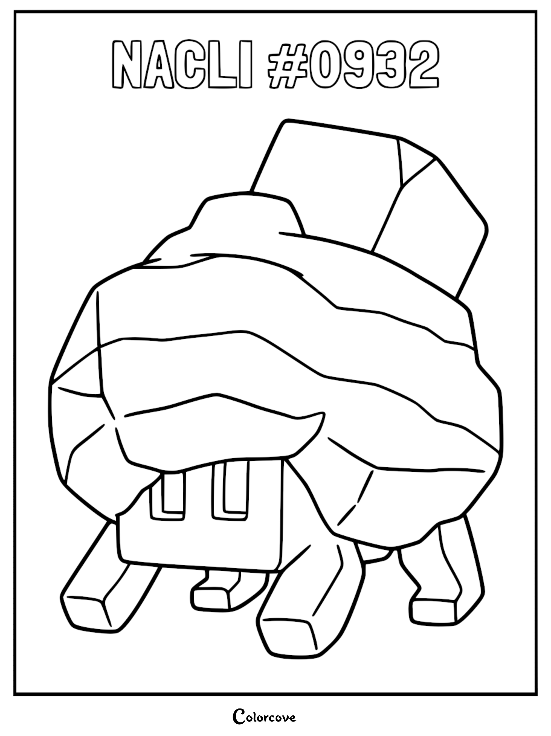 A printable coloring page featuring the rock-type Pokémon Nacli with its blocky, salt-crystal body and four sturdy legs.