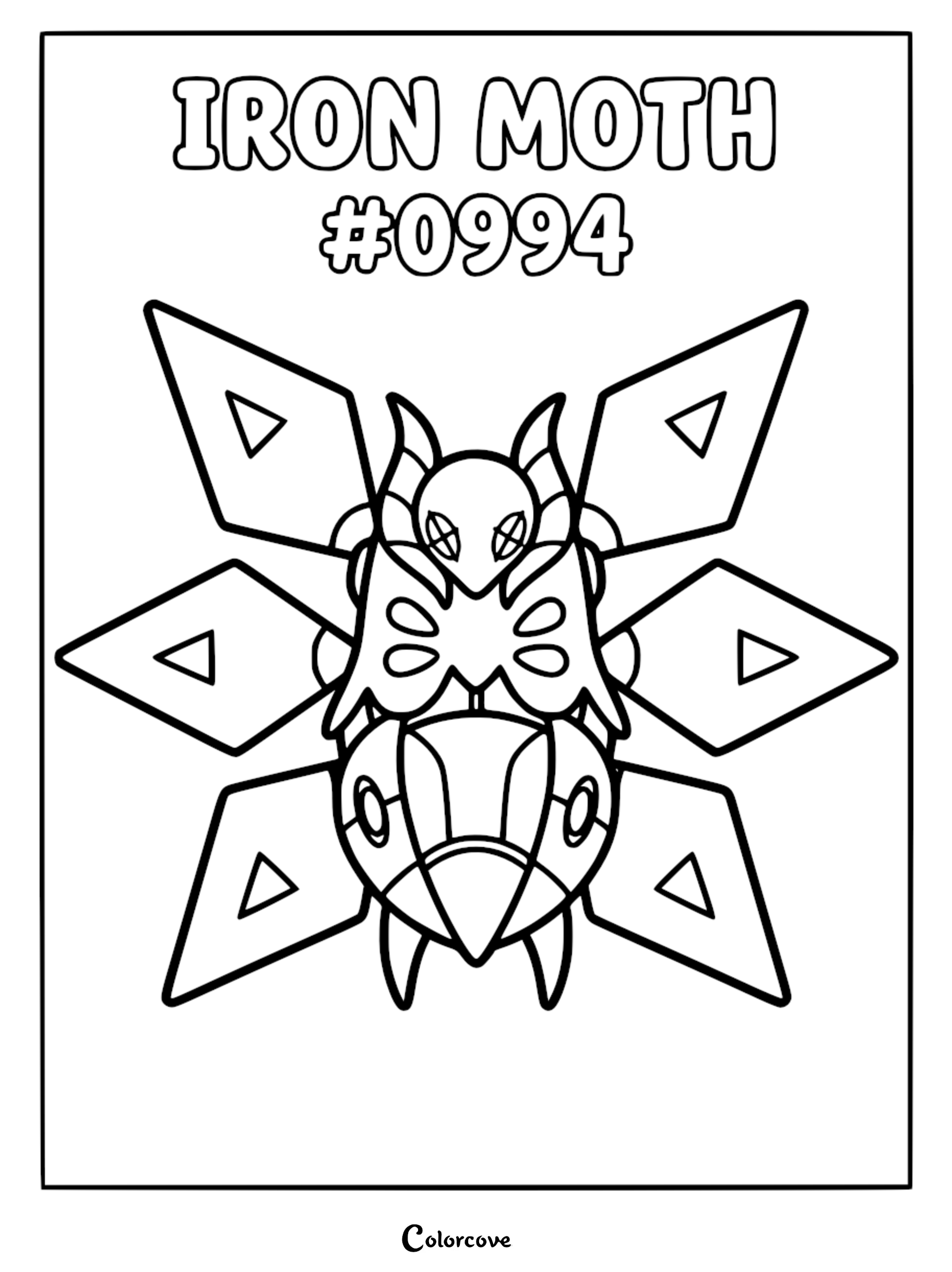 A printable Iron Moth coloring page featuring the robotic Pokémon with its four diamond-shaped wings spread wide.