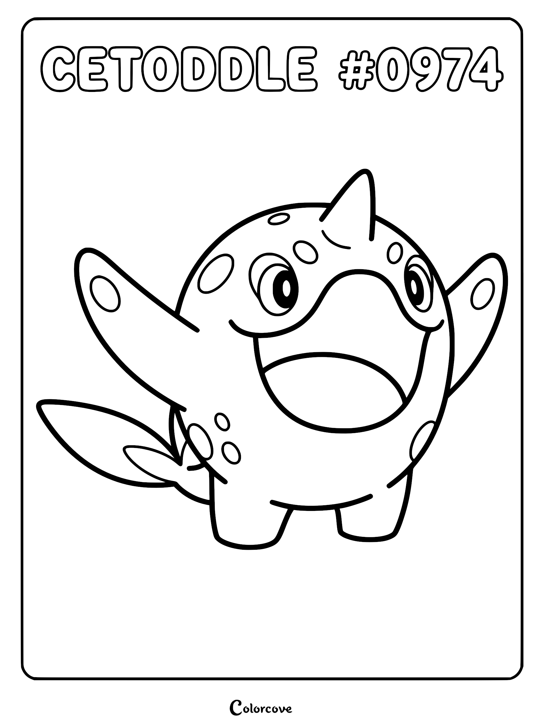 A printable Cetoddle coloring page featuring the round, ice-type Pokémon with a horn and flippers, outlined in bold black lines.