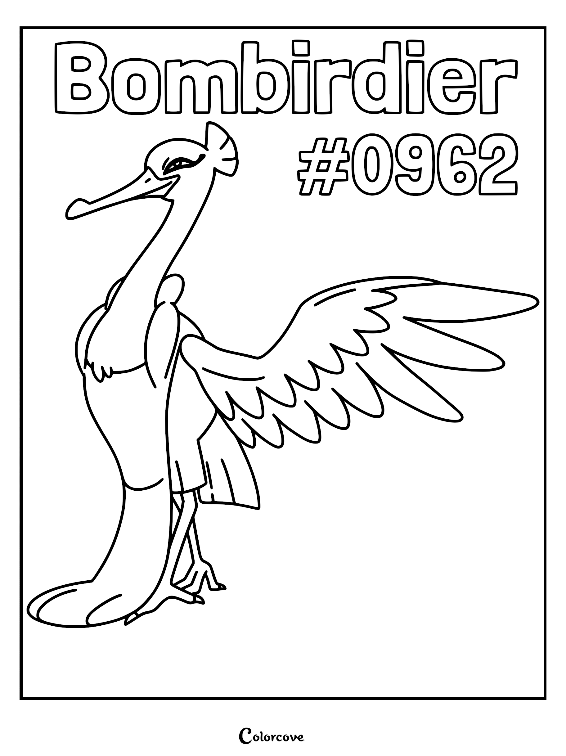 Printable Bombirdier coloring page featuring the Gen 9 Paldea Pokémon standing with its large wings spread wide.