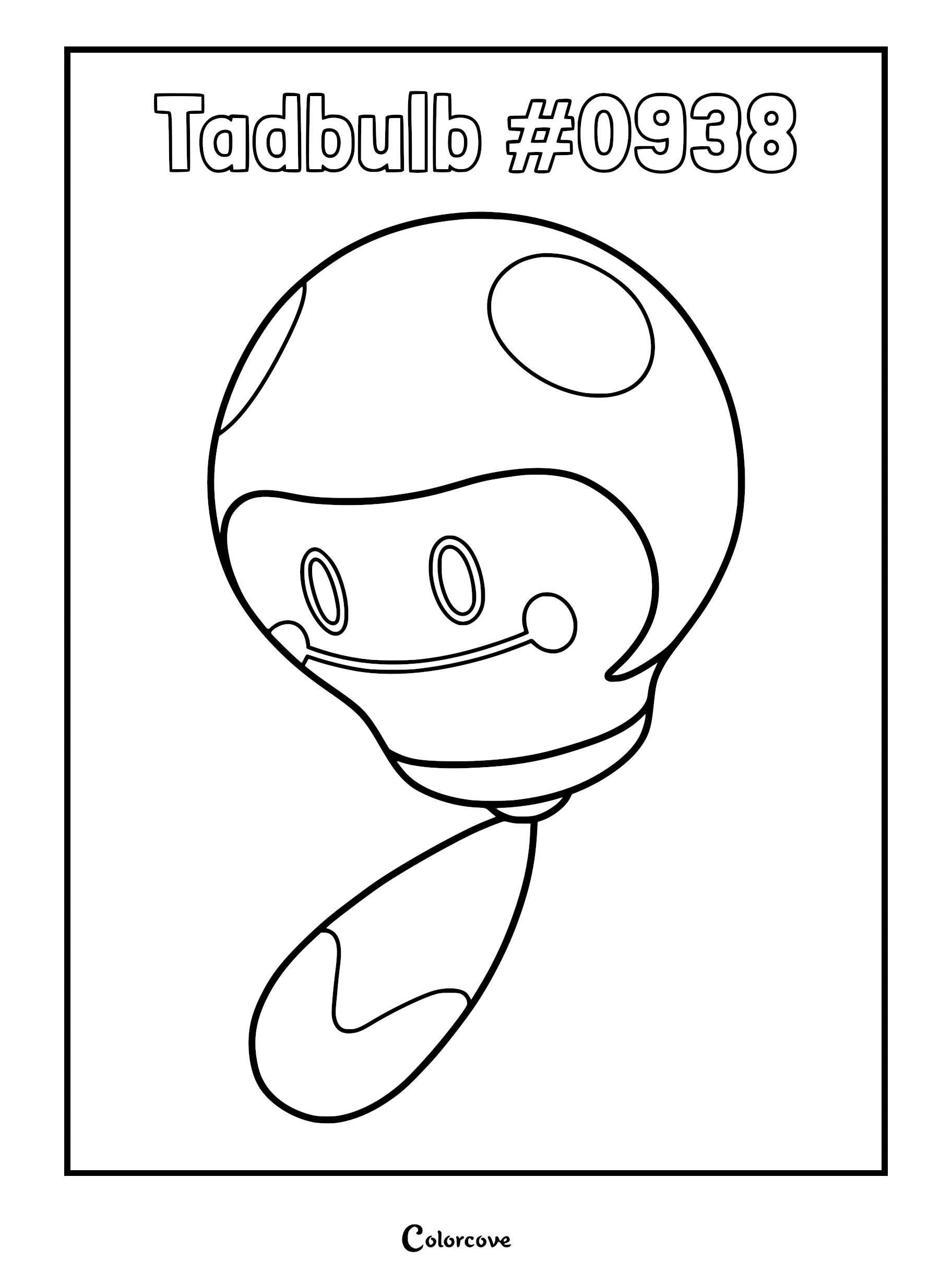 A clean line art coloring page of Tadbulb, the round electric-type Pokémon with a bulbous head and a small tail, featuring bold outlines.