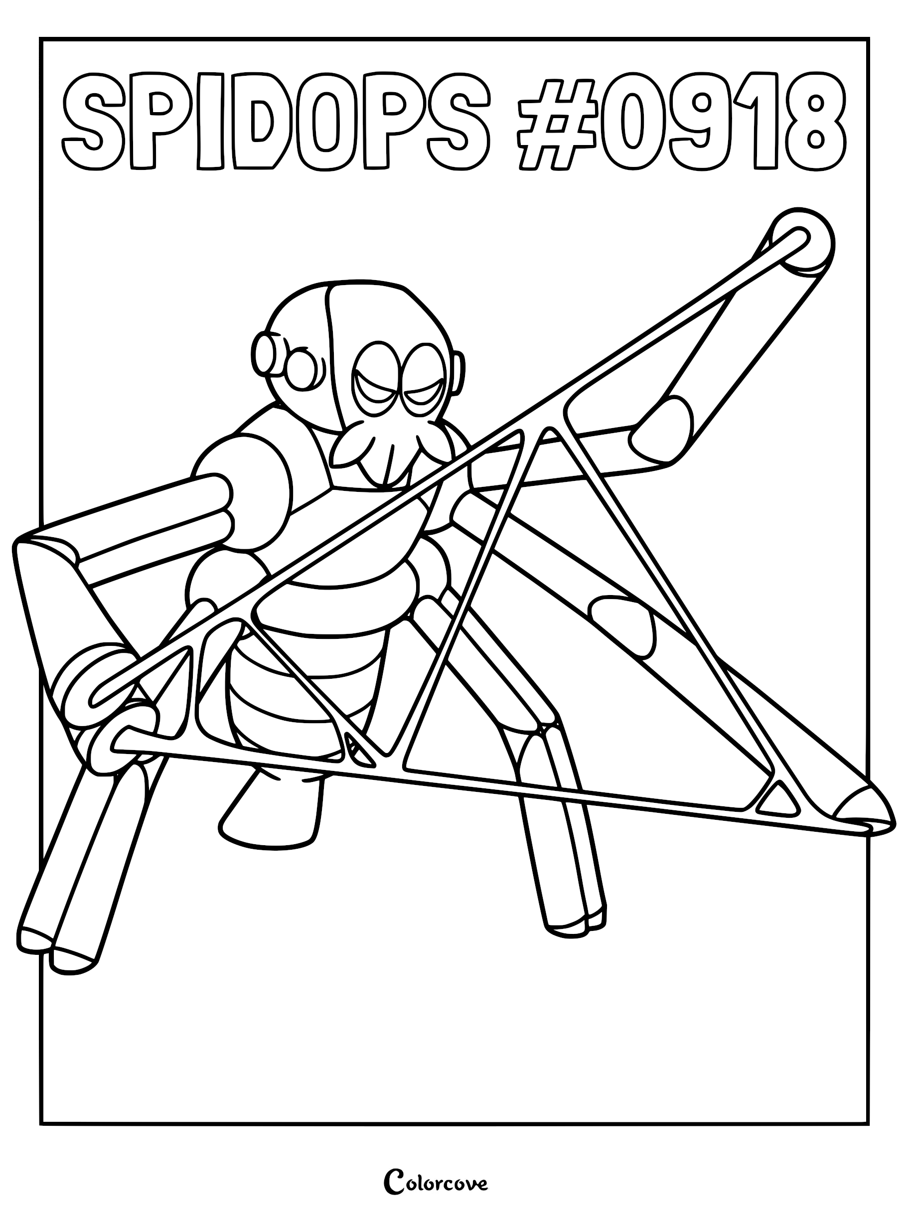 Spidops from Paldea region in a detailed line art coloring page, showing its spider-like body and long limbs.