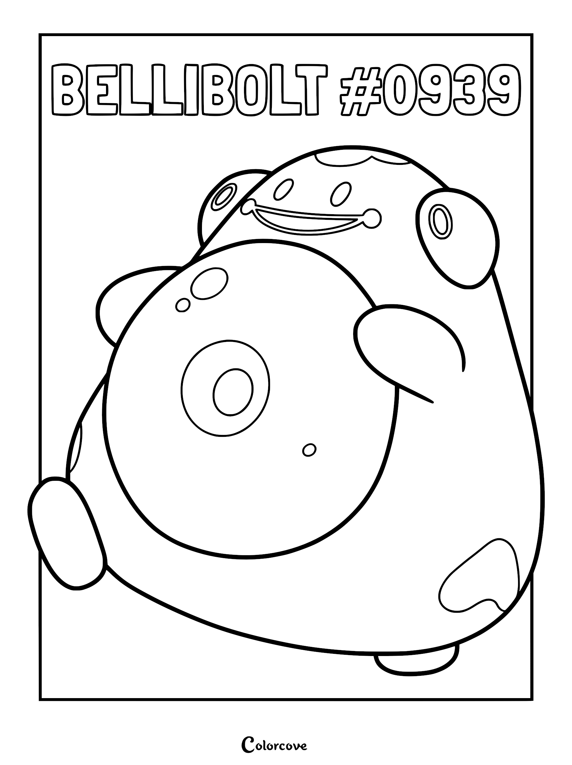 Bellibolt coloring page featuring the round Paldean Electric-type Pokémon with its signature eye-like bumps on its head.
