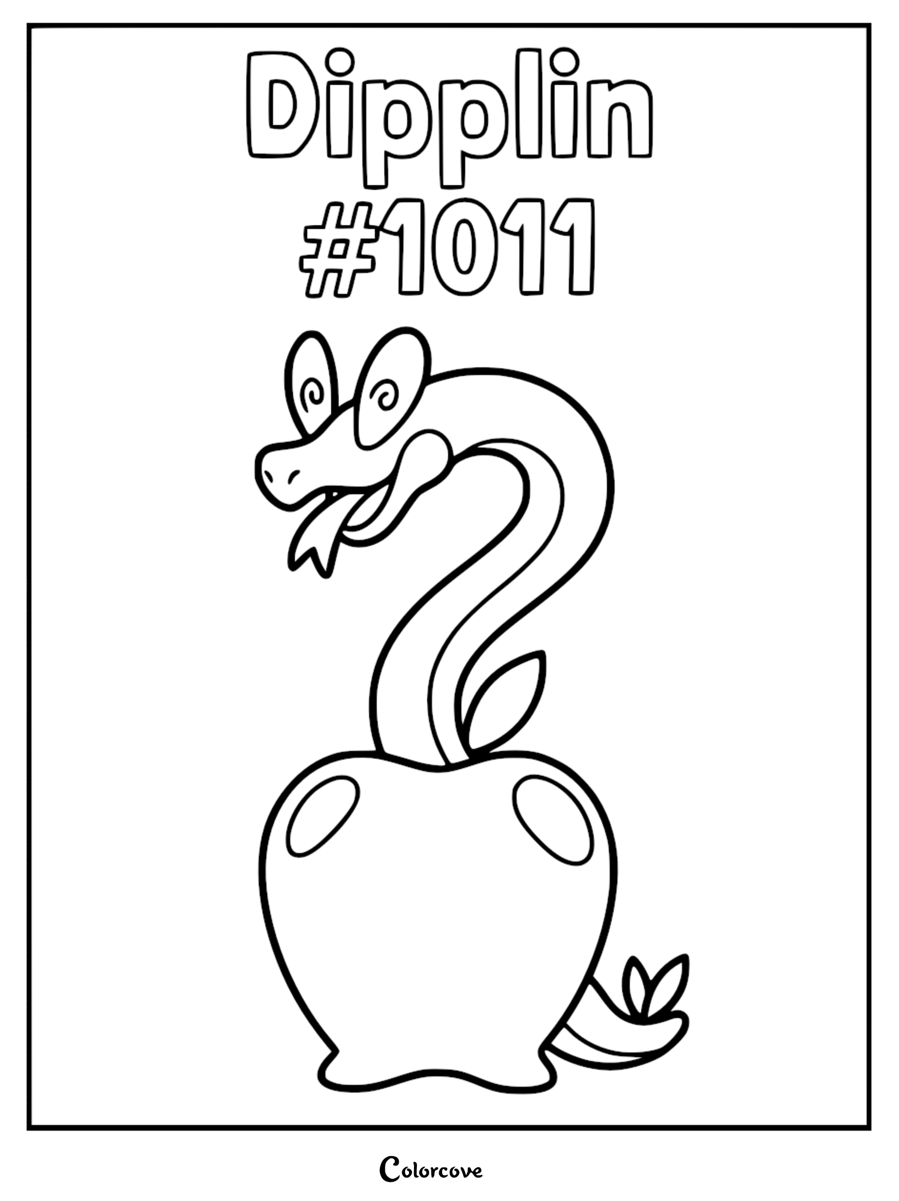 Dipplin Pokémon coloring page featuring the apple-themed creature with a long neck and tongue sticking out, line art style.