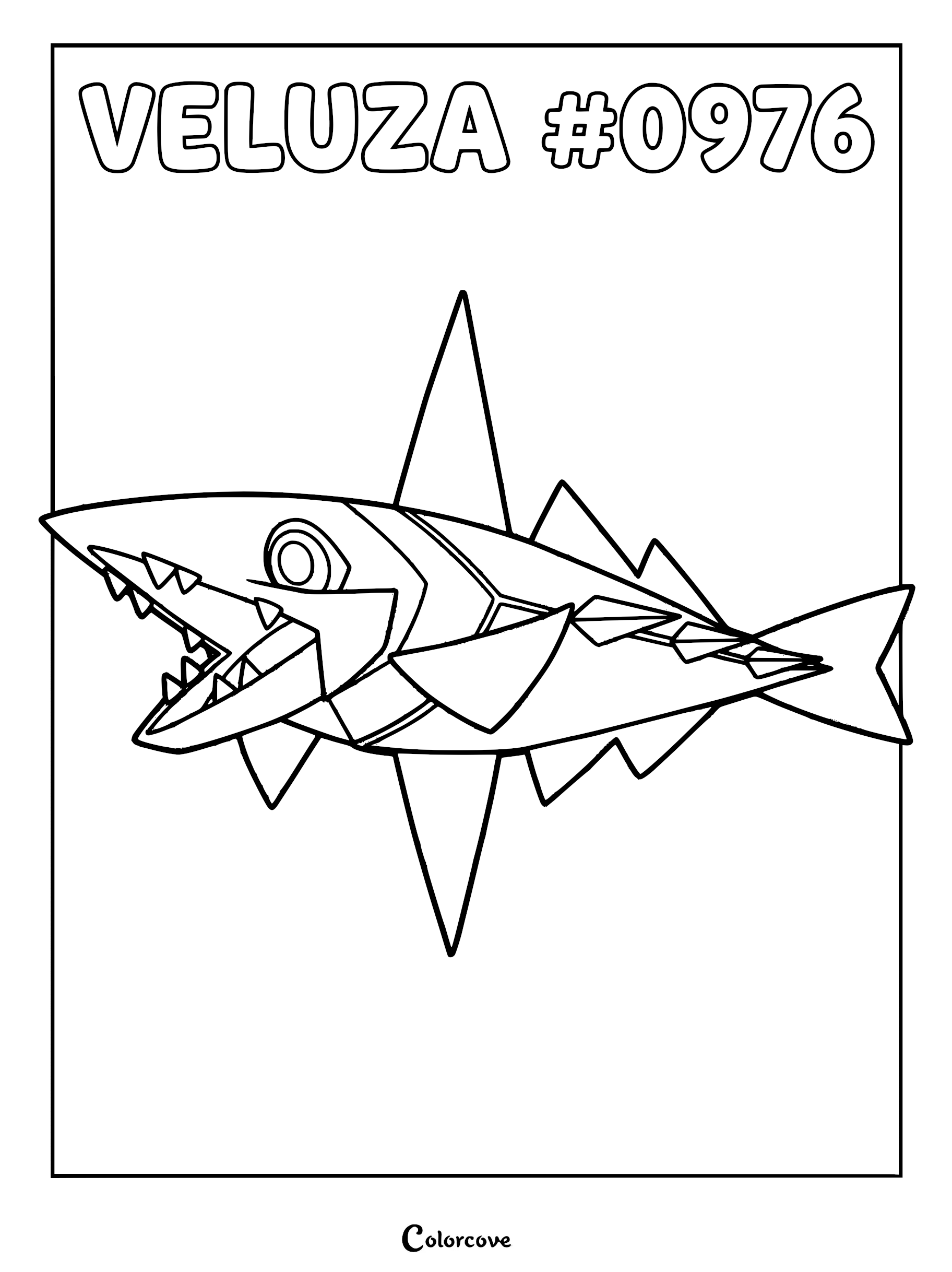 A printable coloring page featuring the Paldean Pokémon Veluza with its sharp fins and open mouth.