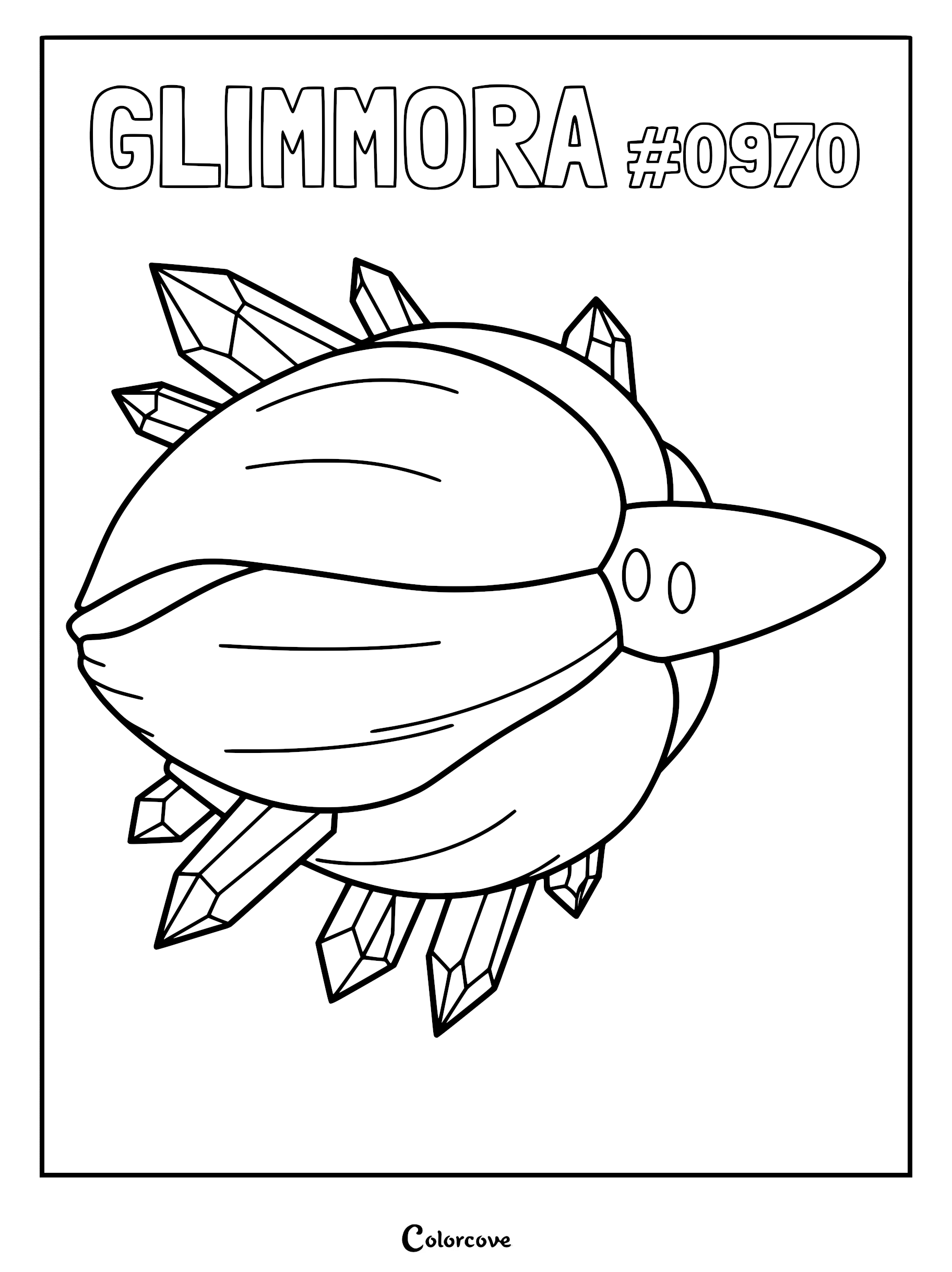 A printable coloring page featuring Glimmora, the crystal-petaled Paldea Pokémon, with its distinct pointed face and crystalline protrusions.
