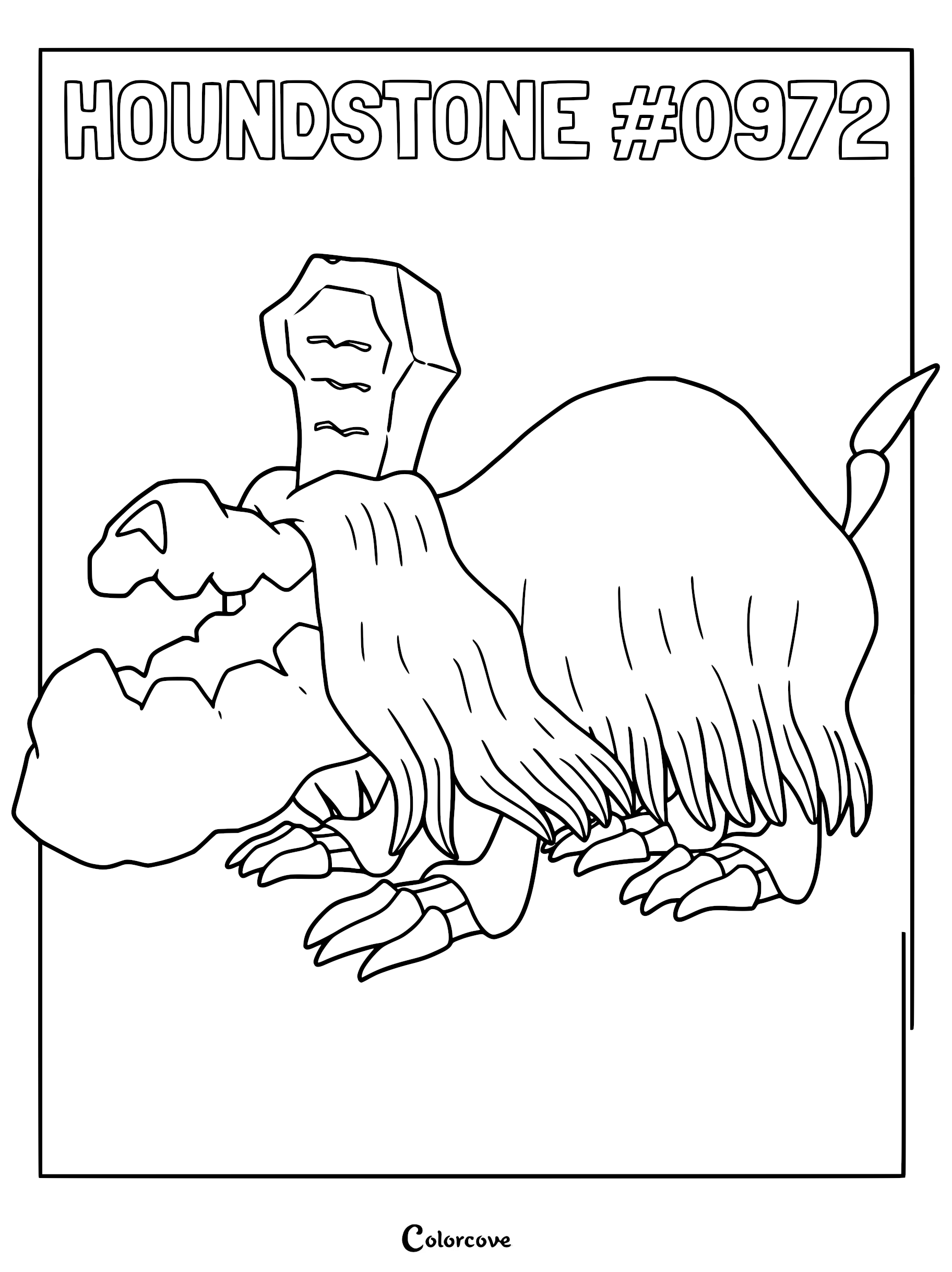 Houndstone Pokémon coloring page featuring the ghost dog with a tombstone on its head and long shaggy fur.