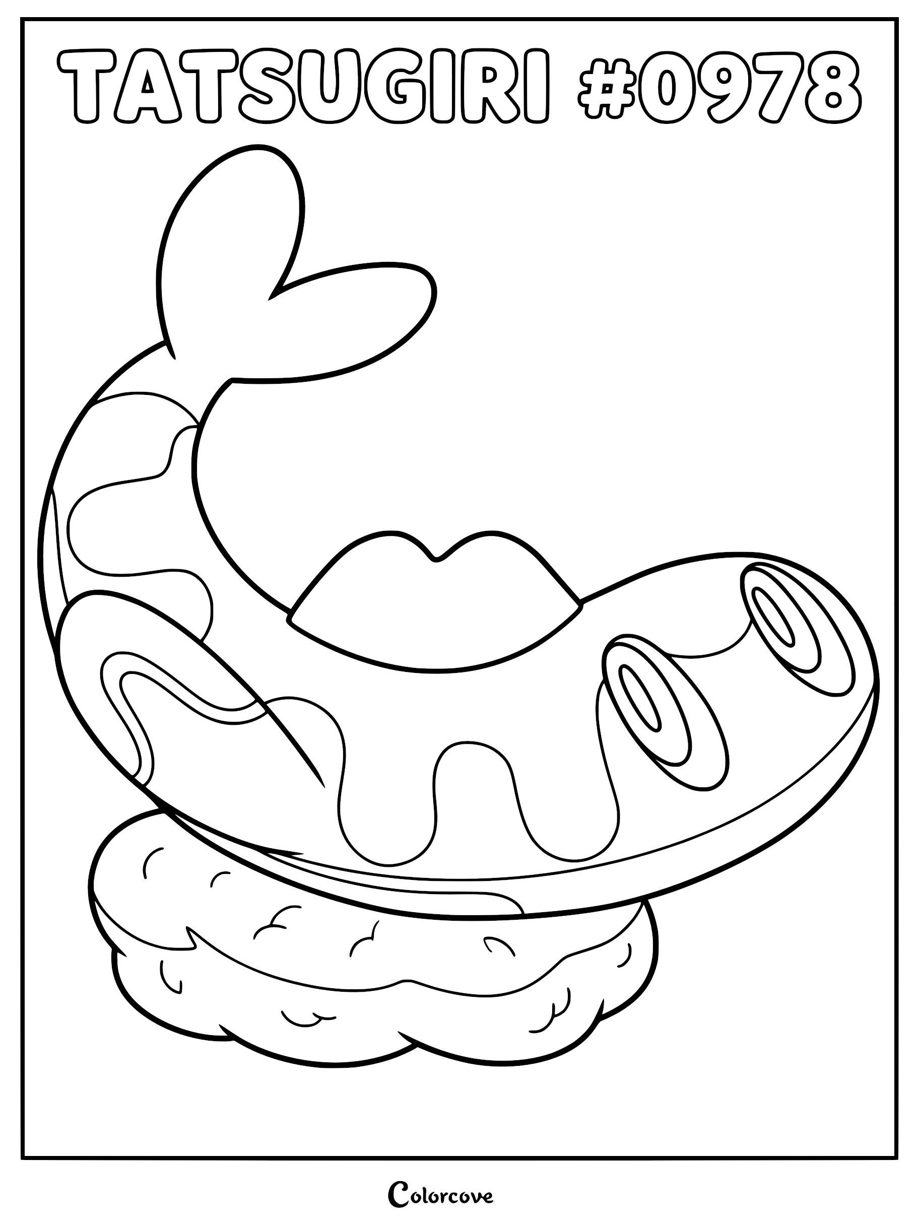 Tatsugiri coloring page featuring the sushi-shaped Pokemon with its distinct curved tail and patterned body resting on a rice base.