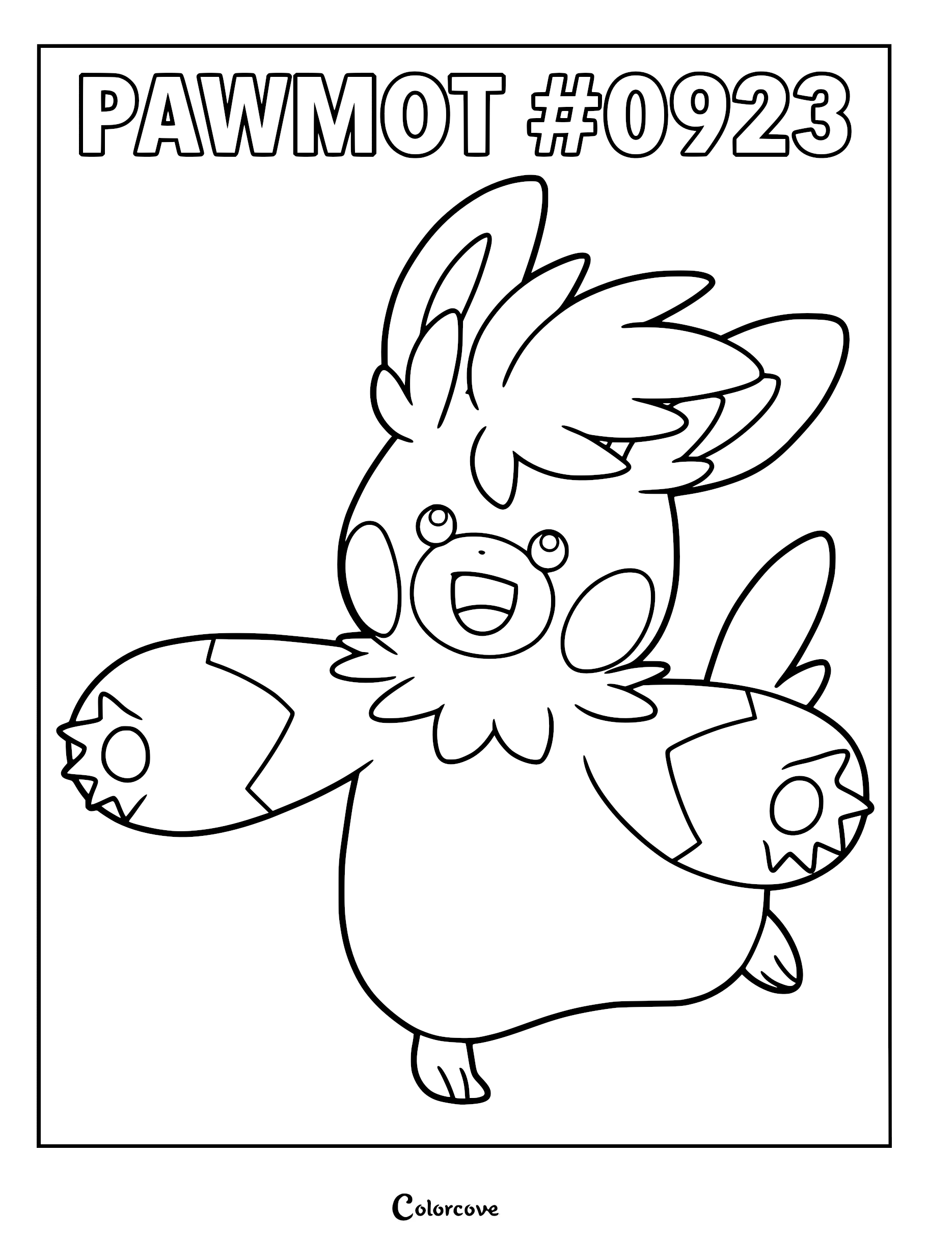 A printable Pawmot coloring page featuring the electric Paldea Pokémon with its large paws and fluffy fur.