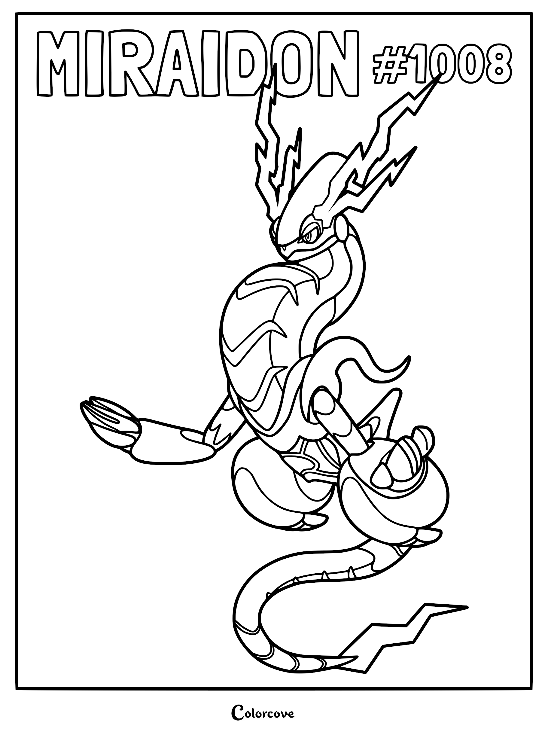 A detailed line art coloring page of the legendary Miraidon, featuring its robotic, serpentine body, lightning-bolt antennae, and sleek mechanical design.
