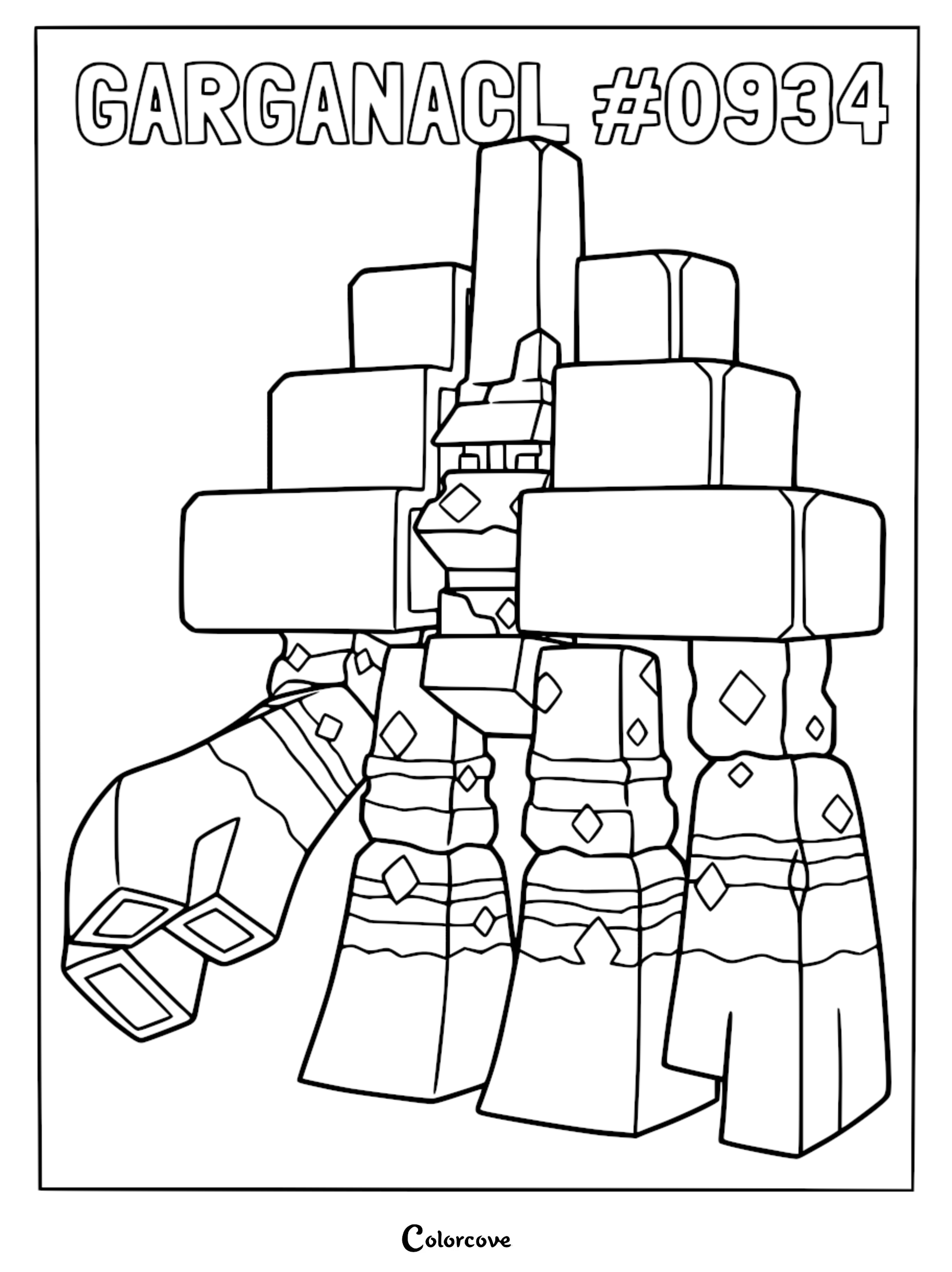 A detailed line art coloring page of the Paldean Rock-type Pokémon Garganacl, featuring its blocky, salt-like body structure and distinct diamond-shaped patterns.