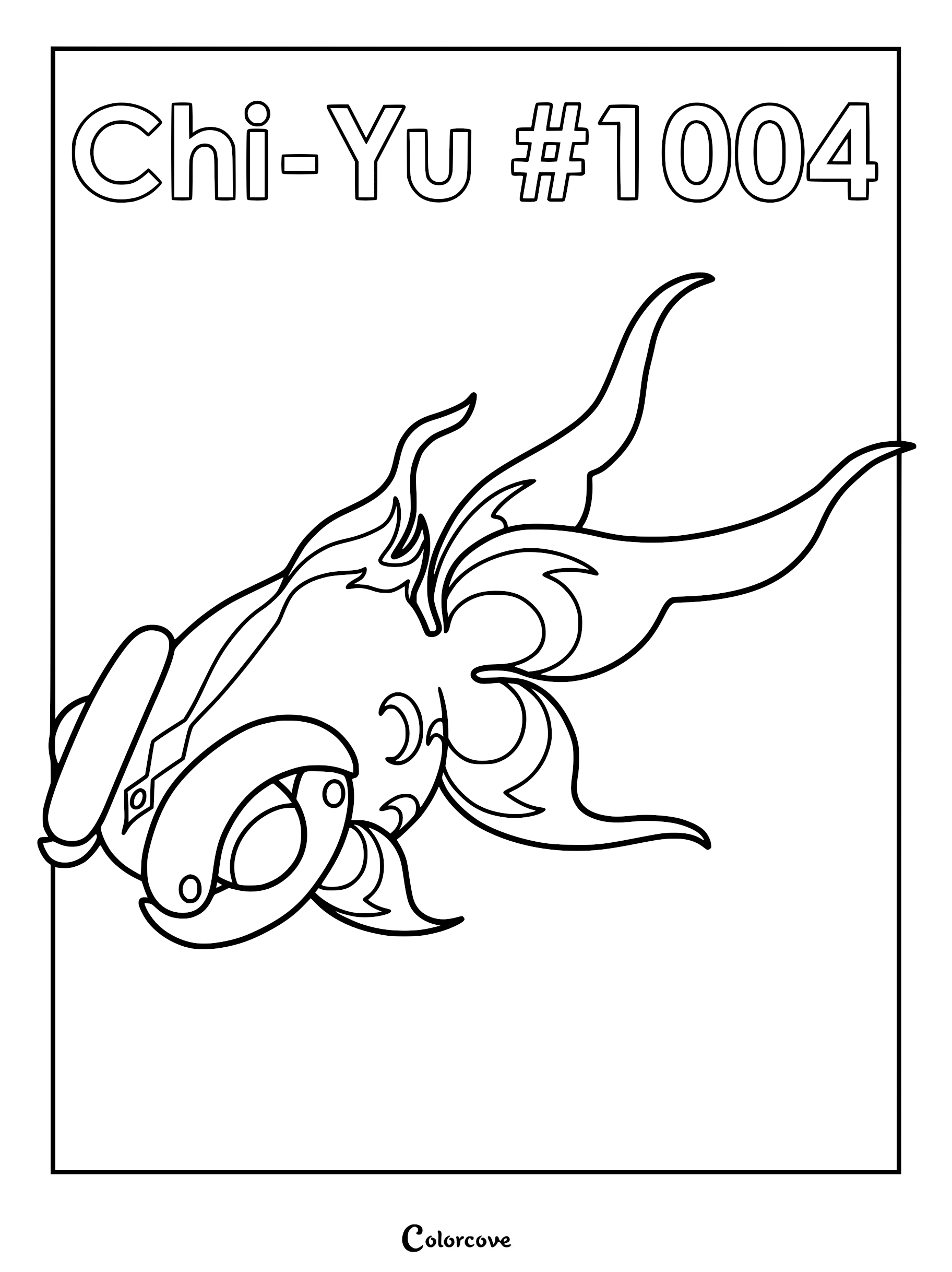 Chi-Yu #1004 line art coloring page featuring the goldfish-like Pokémon with flame-shaped fins and a bead-like crown.