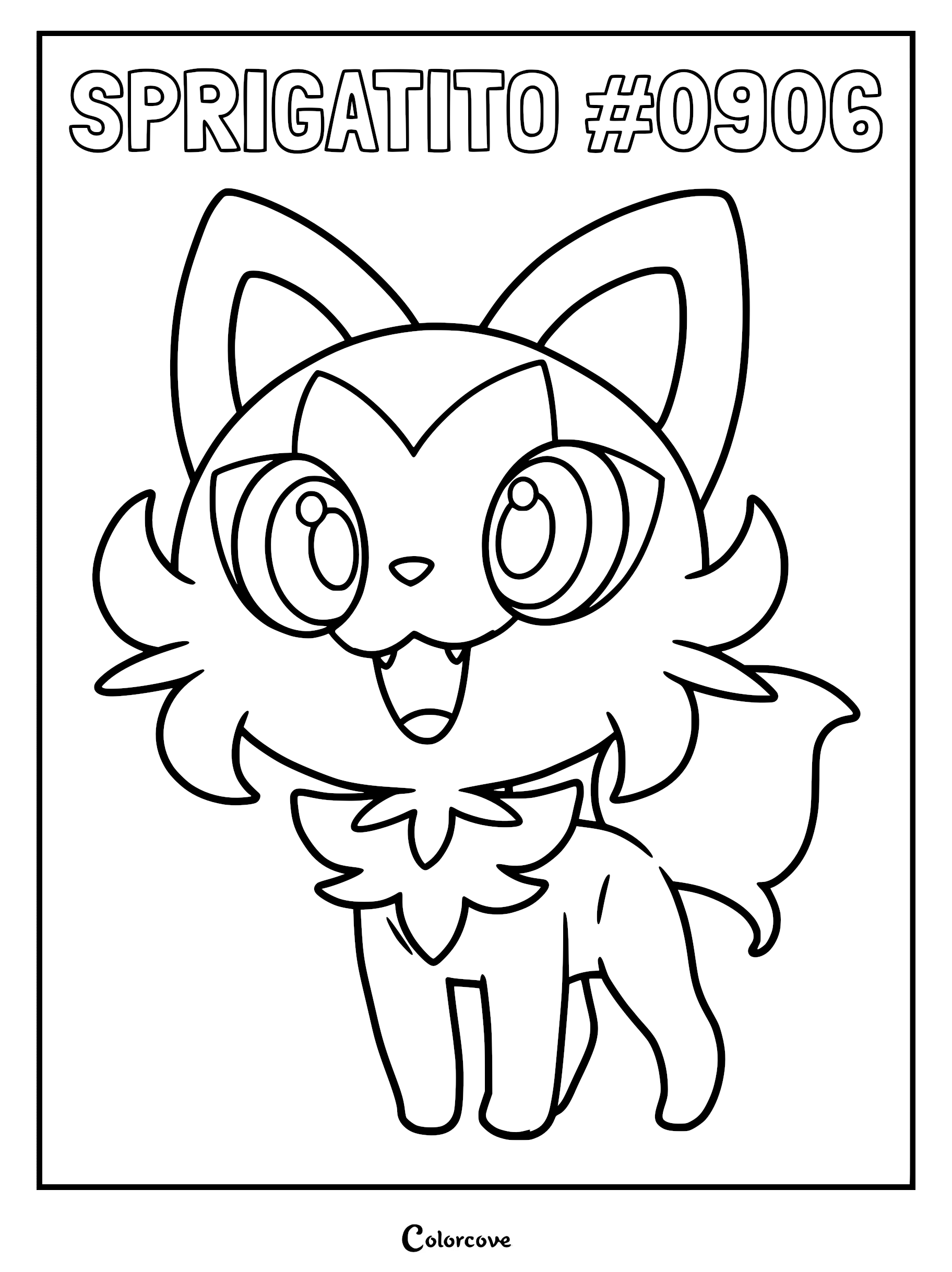 A printable coloring page featuring the Grass-type Pokémon Sprigatito with large eyes and a leaf-shaped collar.