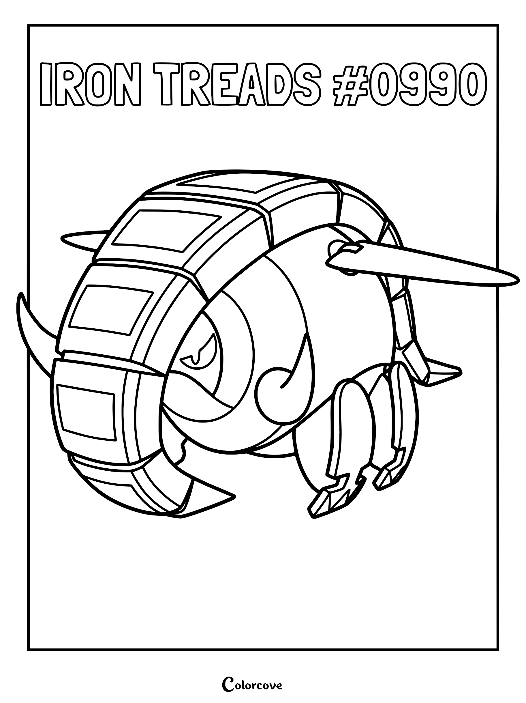 Iron Treads in a spherical rolling pose, featuring metallic segmented armor and sharp tusks on a printable coloring page.