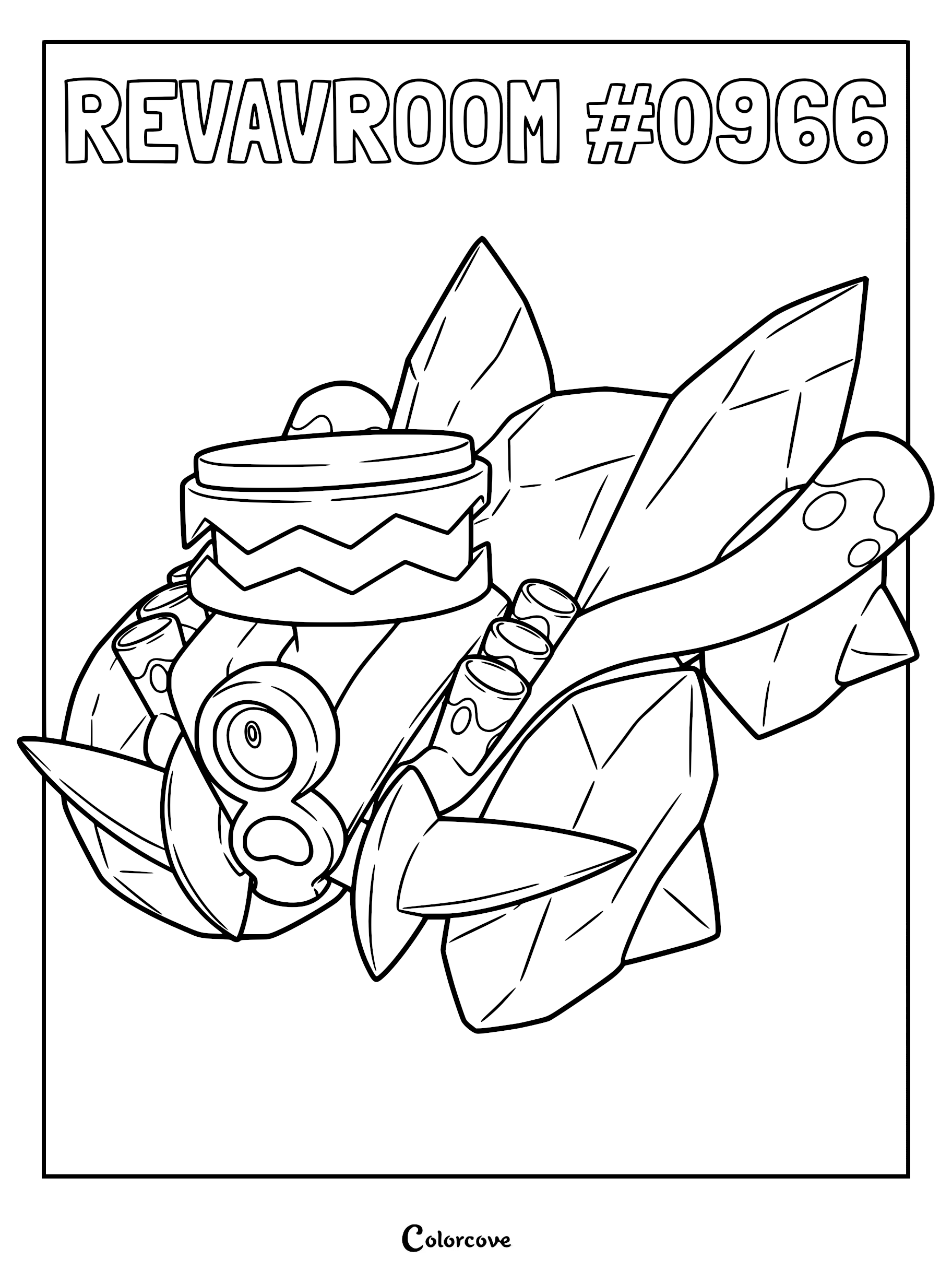 A detailed black and white coloring page of the Paldean Pokémon Revavroom, featuring its engine-like body, exhaust pipes, and crystalline wheels.