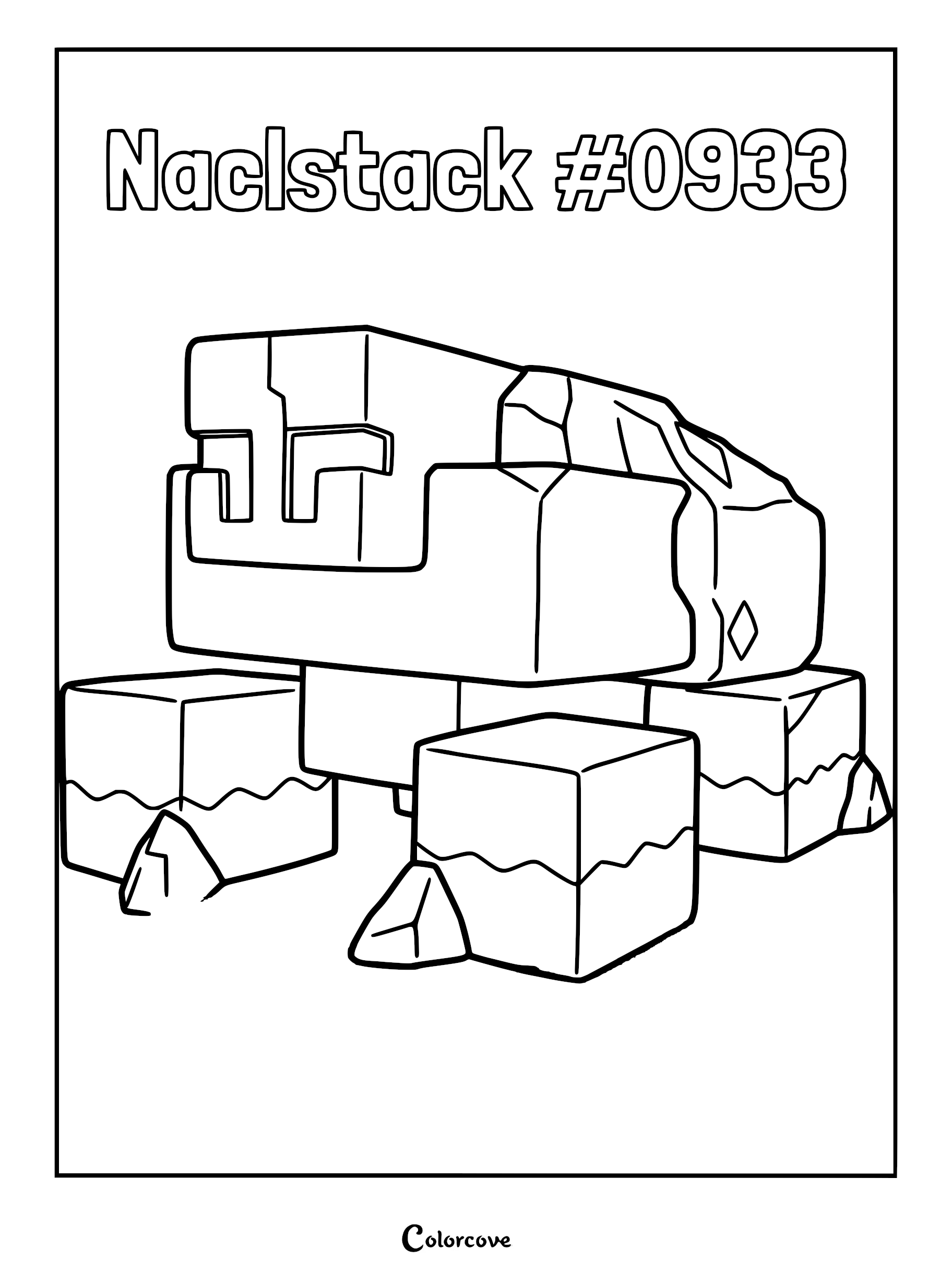 A printable coloring page featuring the rock-type Pokémon Naclstack with its blocky, salt-crystal body and distinct cube-shaped legs.