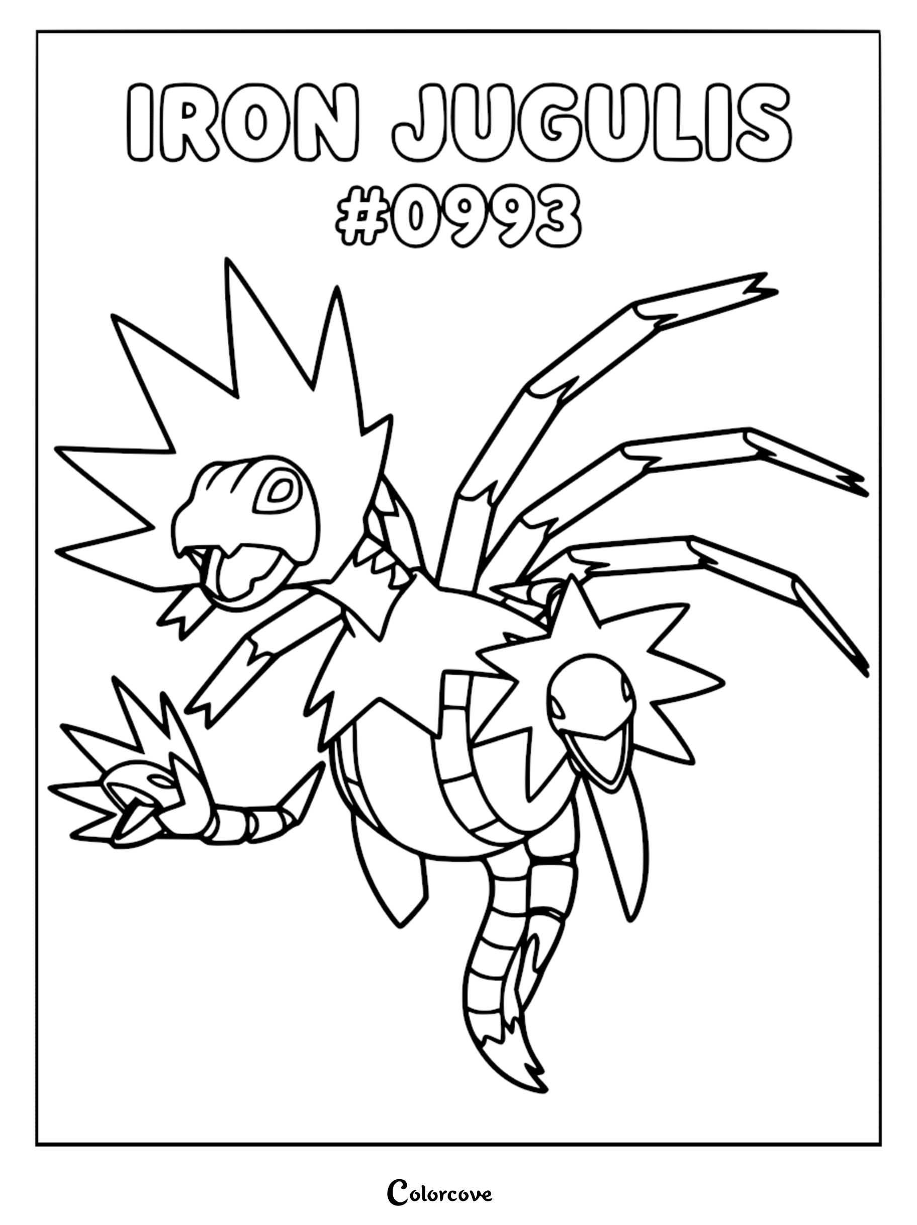 Printable Iron Jugulis coloring page featuring the robotic three-headed Pokémon with sharp wings and segmented tail.