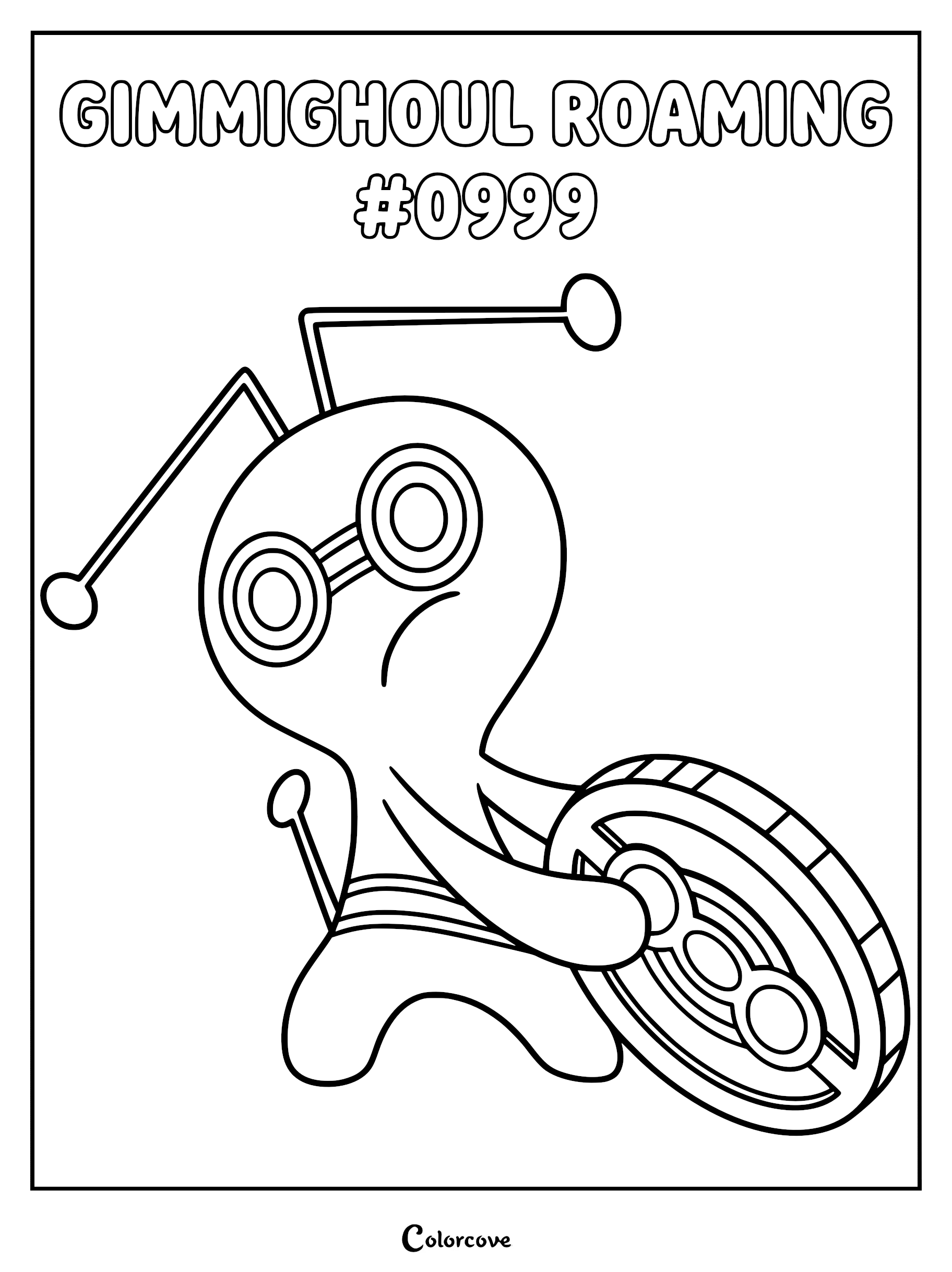 A printable coloring page featuring Gimmighoul Roaming Form holding a large gold coin with its signature antennae and eye markings.