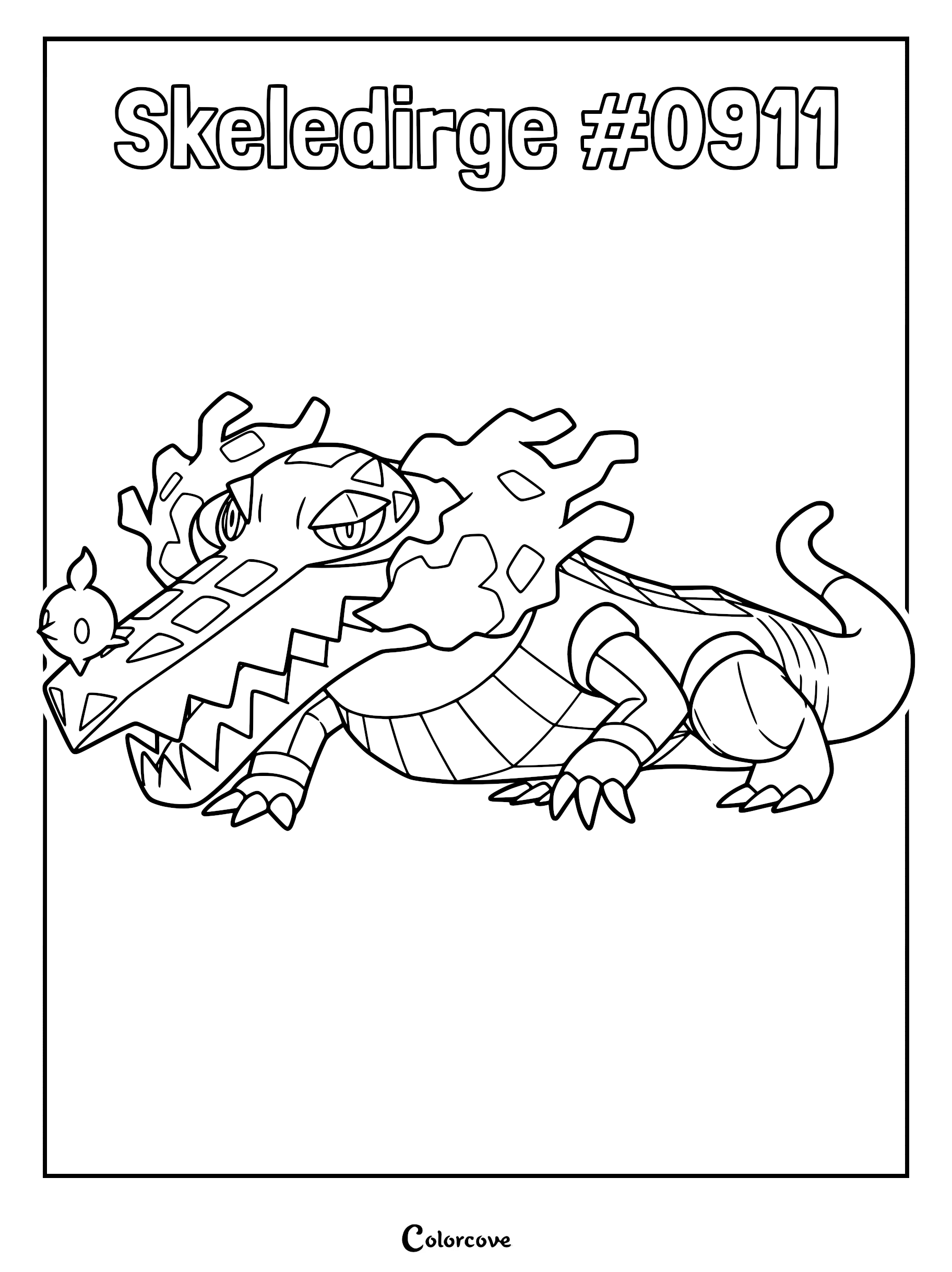 A detailed line art coloring page of the Paldean Pokémon Skeledirge with its signature fire bird perched on its snout.