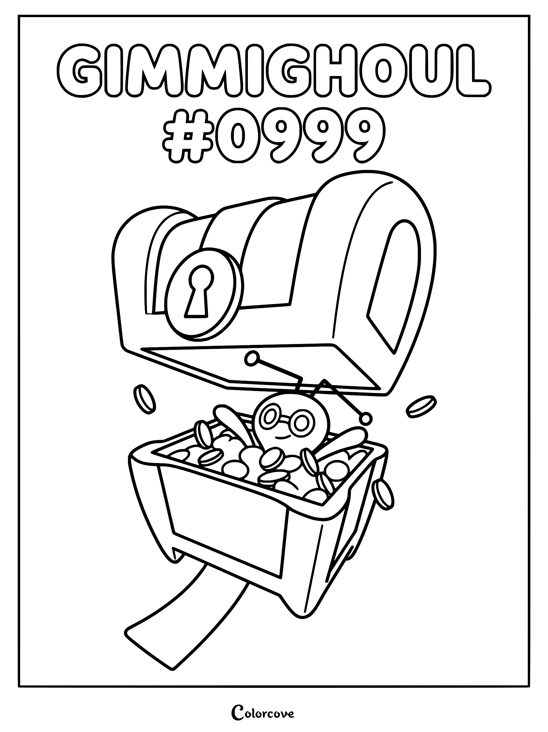 Gimmighoul Chest Form coloring page featuring the coin-filled treasure chest Pokémon with its lid open and gold coins floating around.