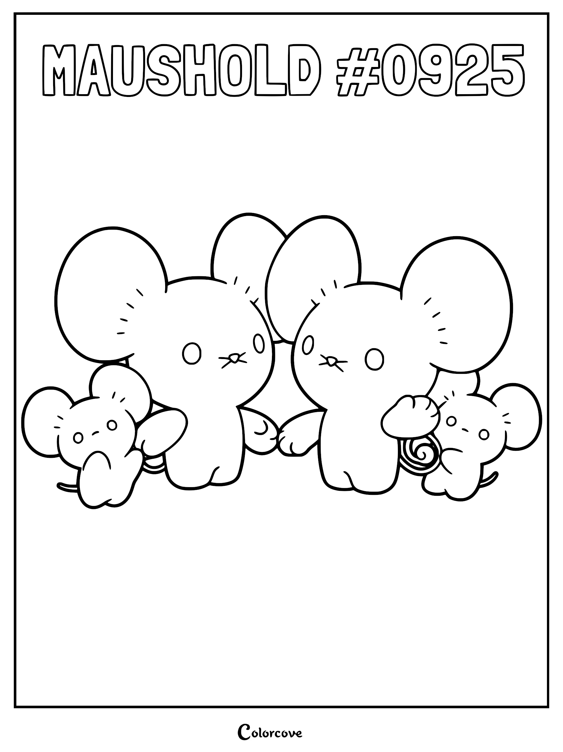 A printable coloring page featuring the Gen 9 Pokemon Maushold, showing two large mouse-like figures standing with two smaller mouse-like figures in a family group.