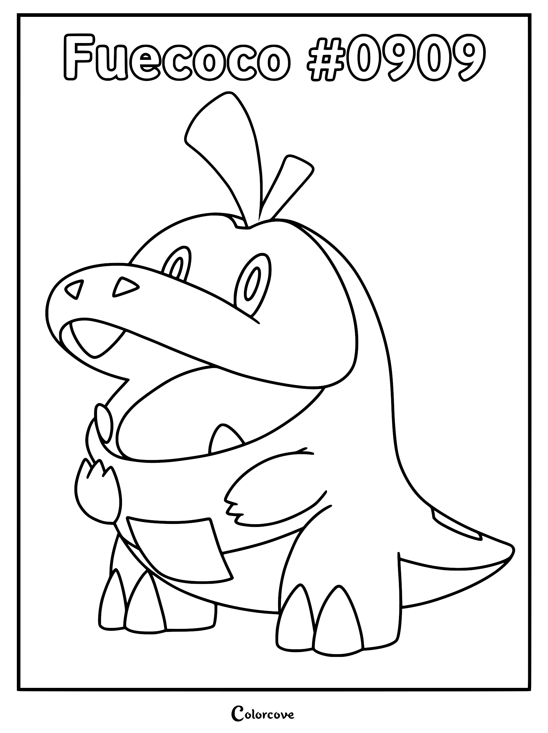 Fuecoco coloring page featuring the Paldea Fire-type starter with its mouth open and a leaf on its head.