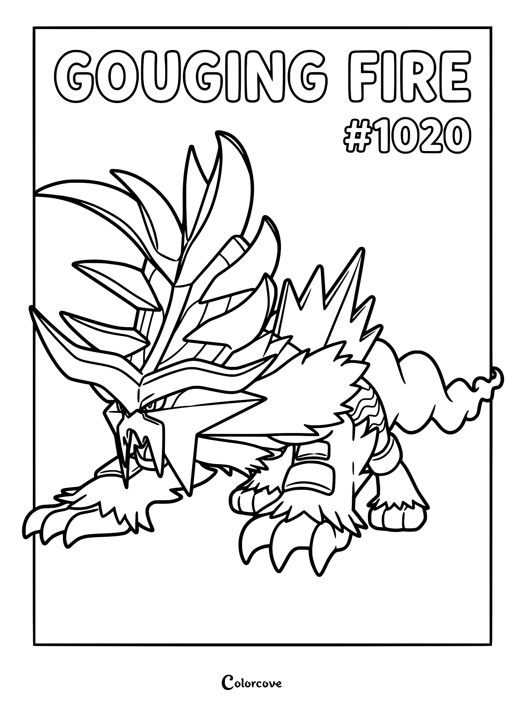 A detailed line art coloring page of the Paldea Pokémon Gouging Fire, featuring its signature large crest and cloud-like tail in a dynamic pose.