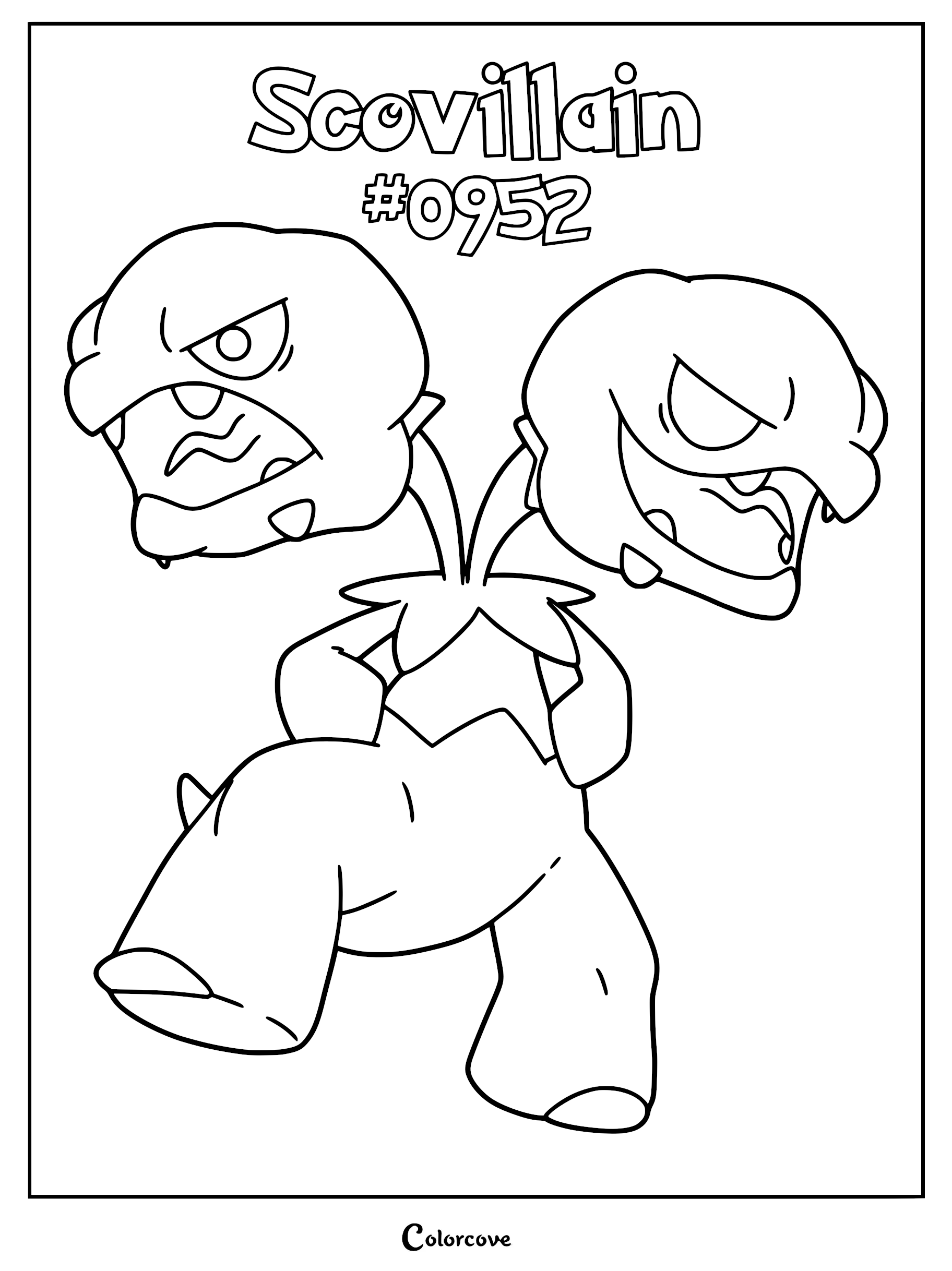 A printable coloring page featuring the two-headed Scovillain Pokémon with its distinct pepper-like heads and aggressive expressions.