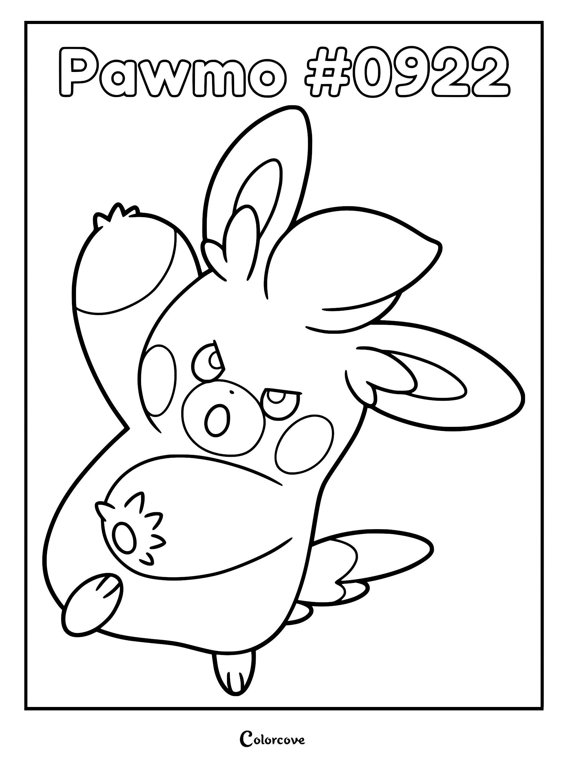 Pawmo coloring page featuring the electric mouse Pokémon with large ears and round cheeks in a dynamic pose.
