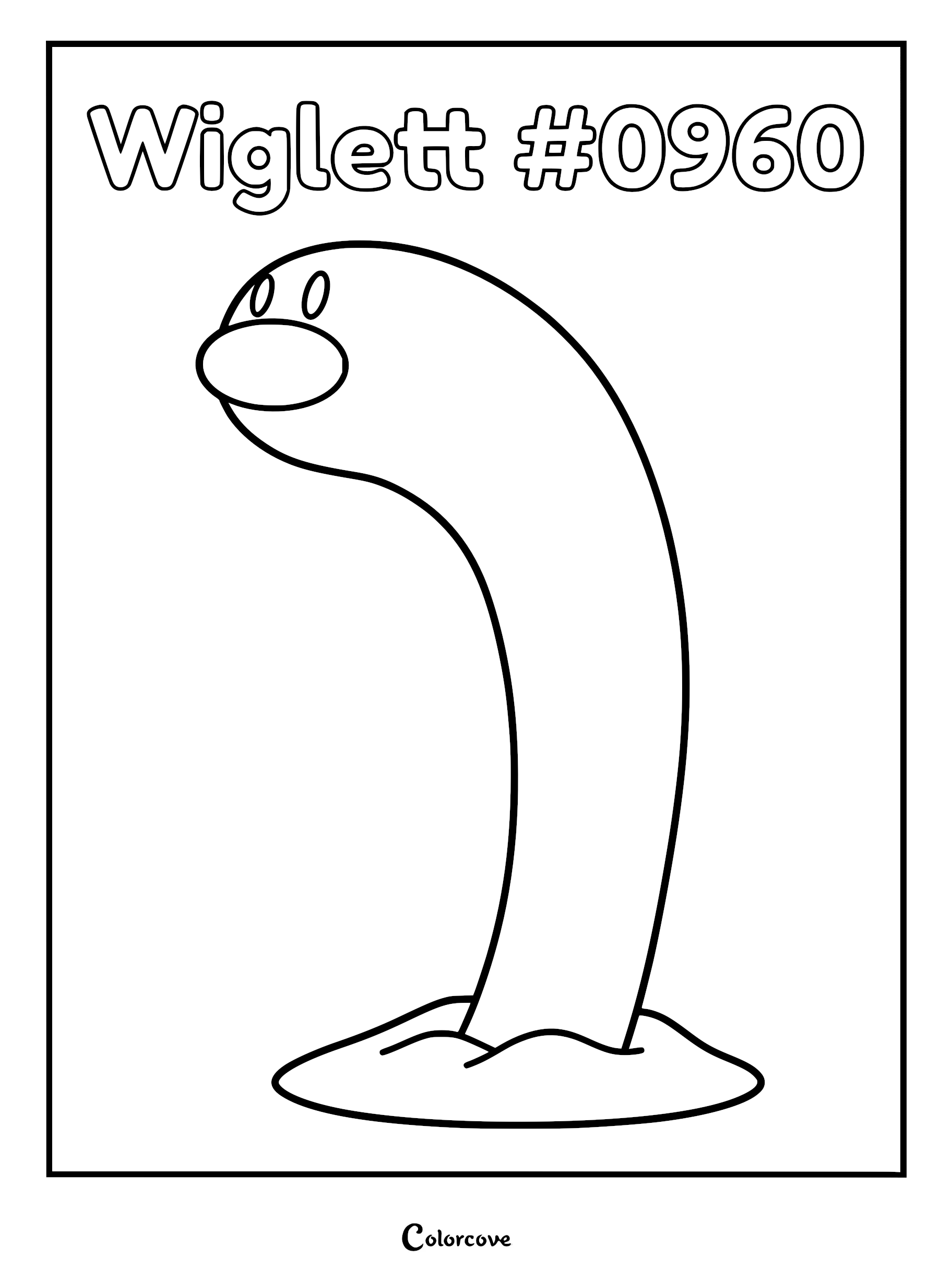 A simple black and white coloring page featuring the Paldean Pokémon Wiglett emerging from the sand with its signature long body and oval nose.
