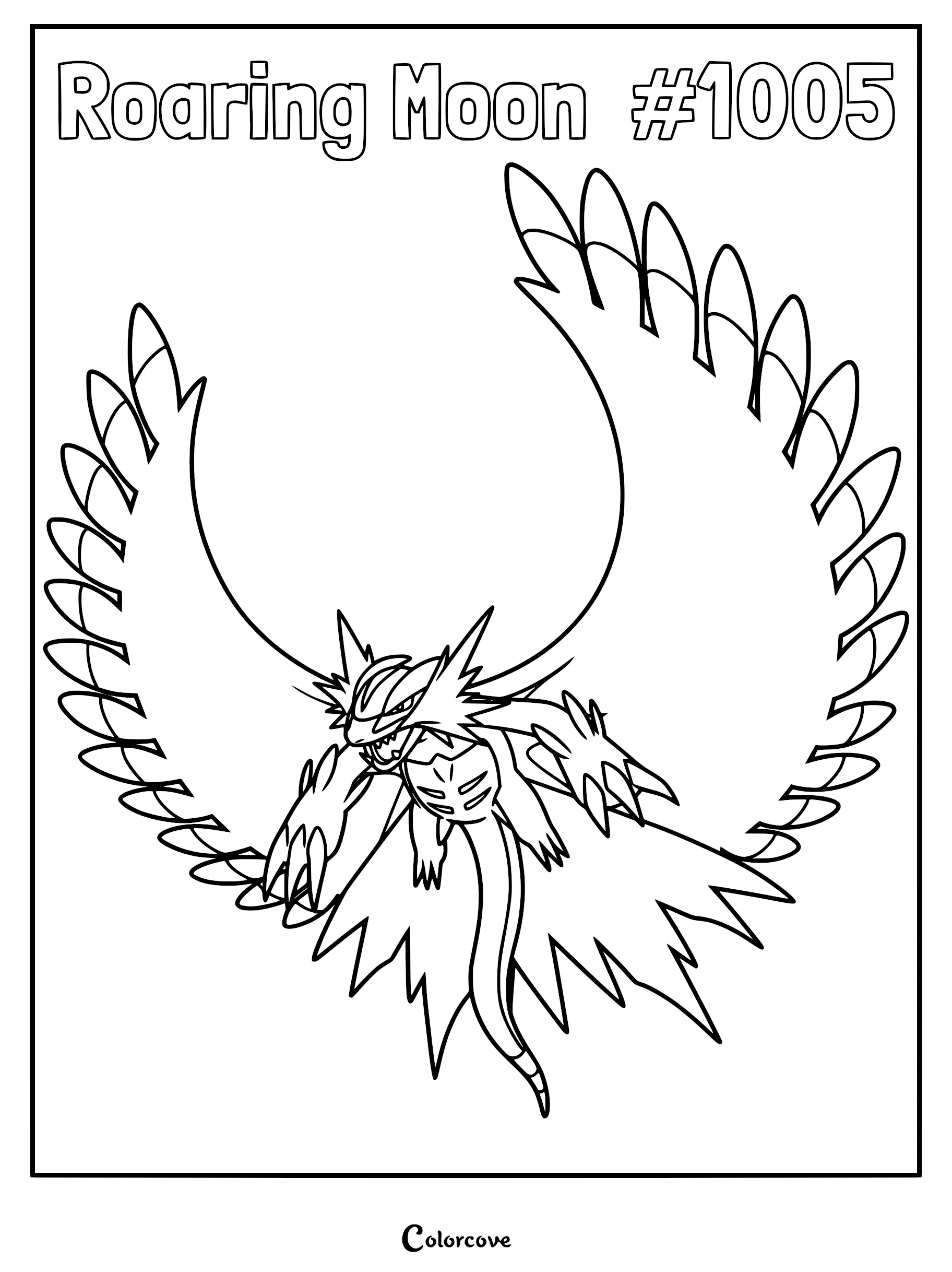 Roaring Moon Pokémon with large wings spread wide in a printable coloring page format.
