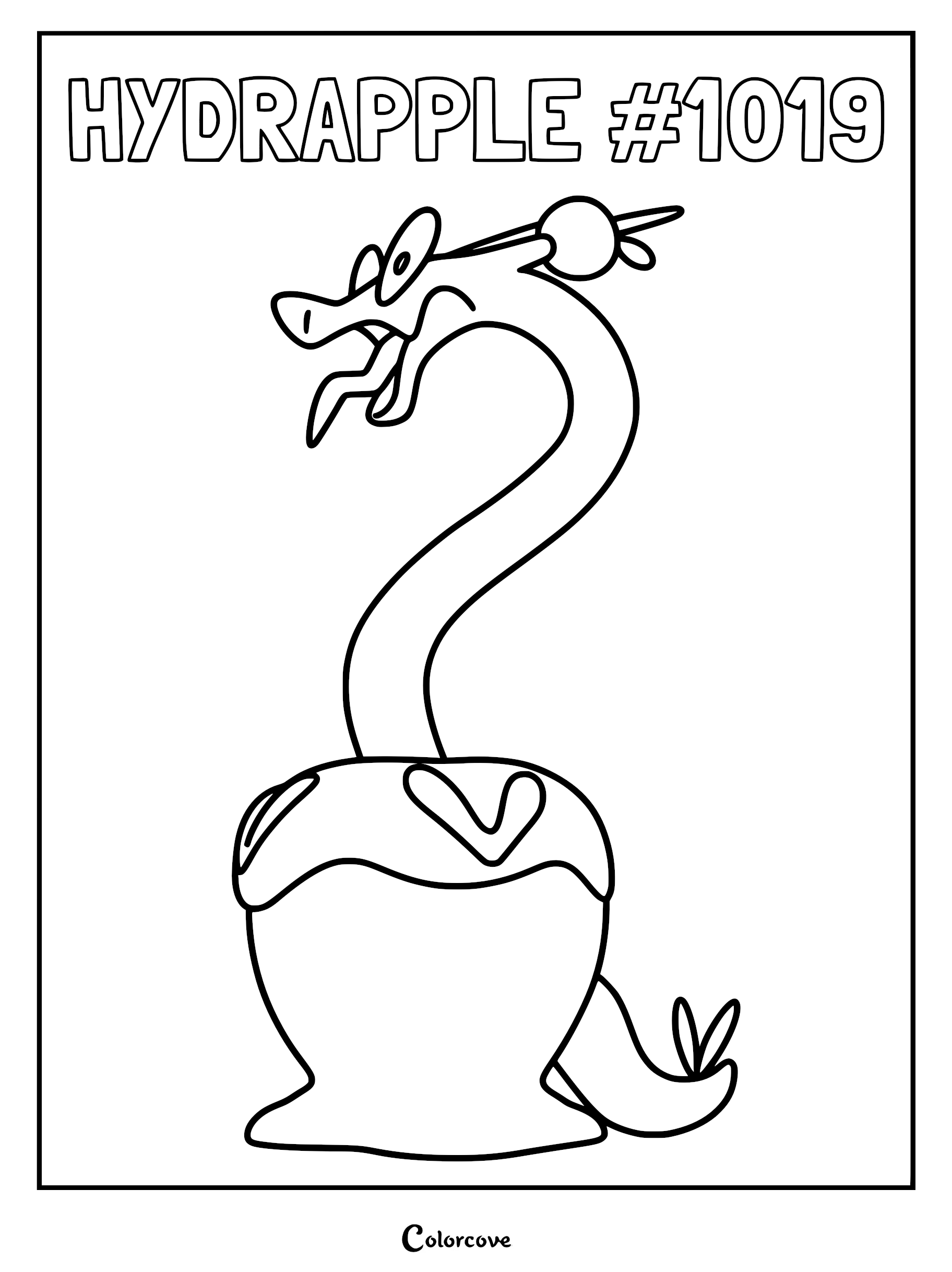 A black and white line art coloring page of the Paldean Pokémon Hydrapple emerging from its apple base with a long neck and tongue sticking out.