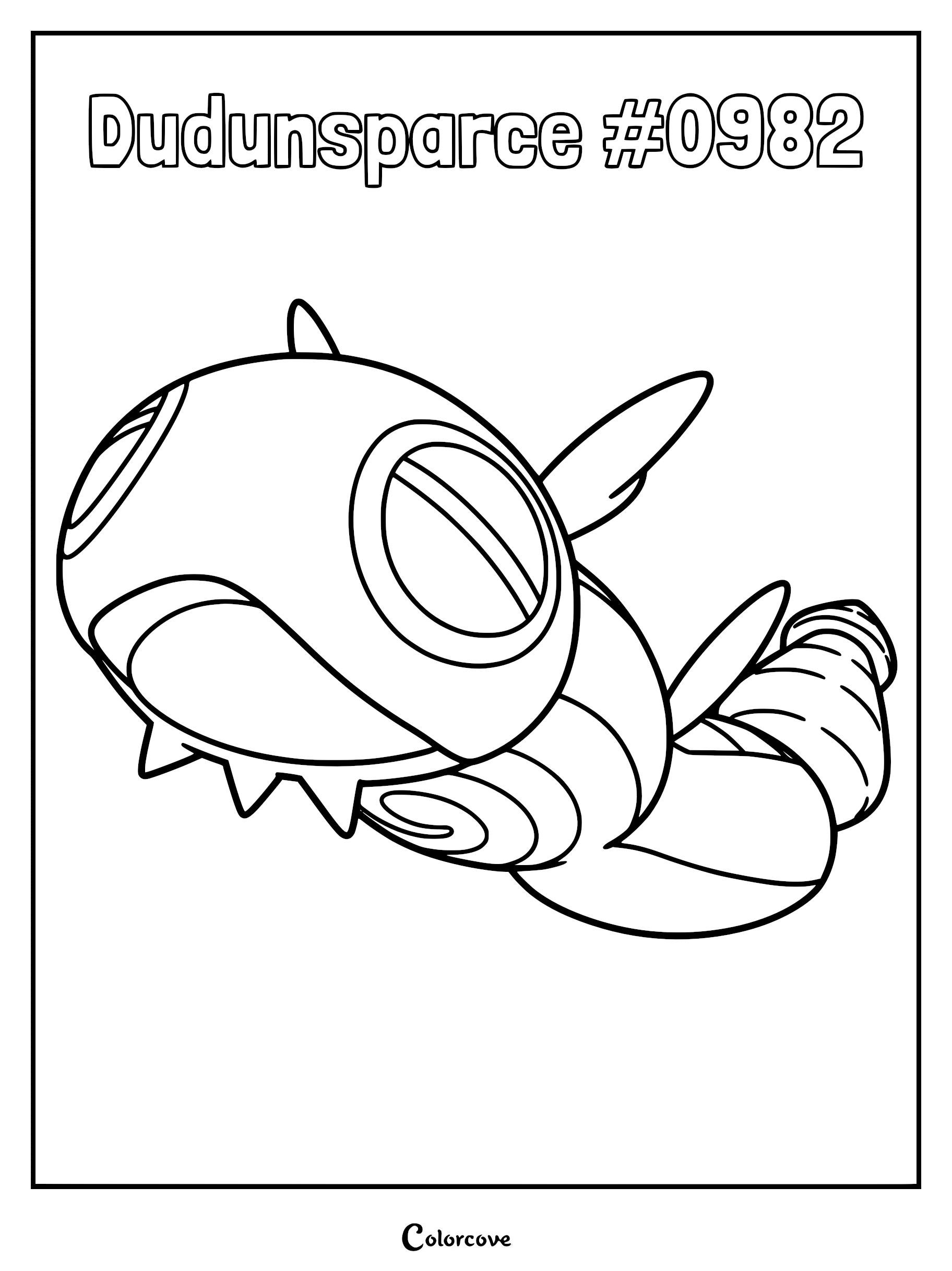 Dudunsparce coloring page featuring the two-segment Paldean Pokémon with its signature drill tail and round eyes.
