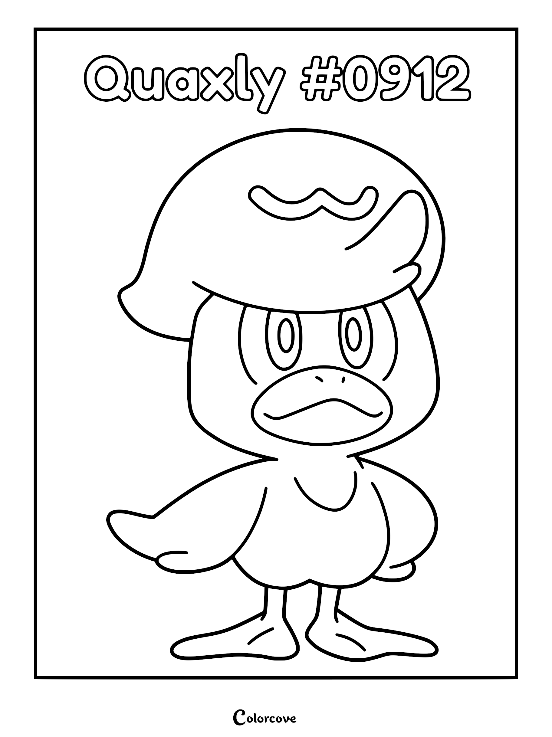 A simple black and white line art coloring page of the Paldean Pokémon Quaxly, featuring its signature duck-like appearance and pompadour-style hair.