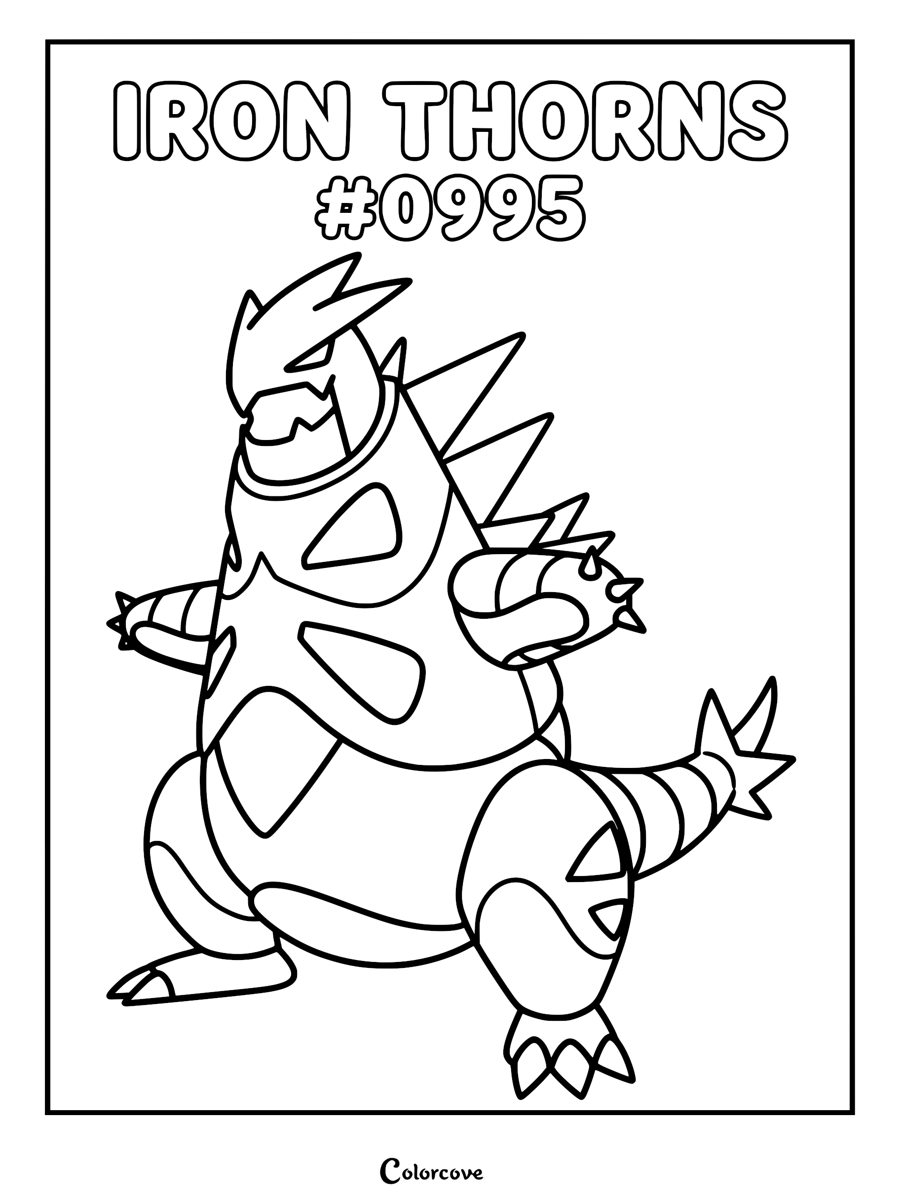 Iron Thorns standing in a dynamic pose, a detailed black and white coloring page of the robotic Gen 9 Pokémon.