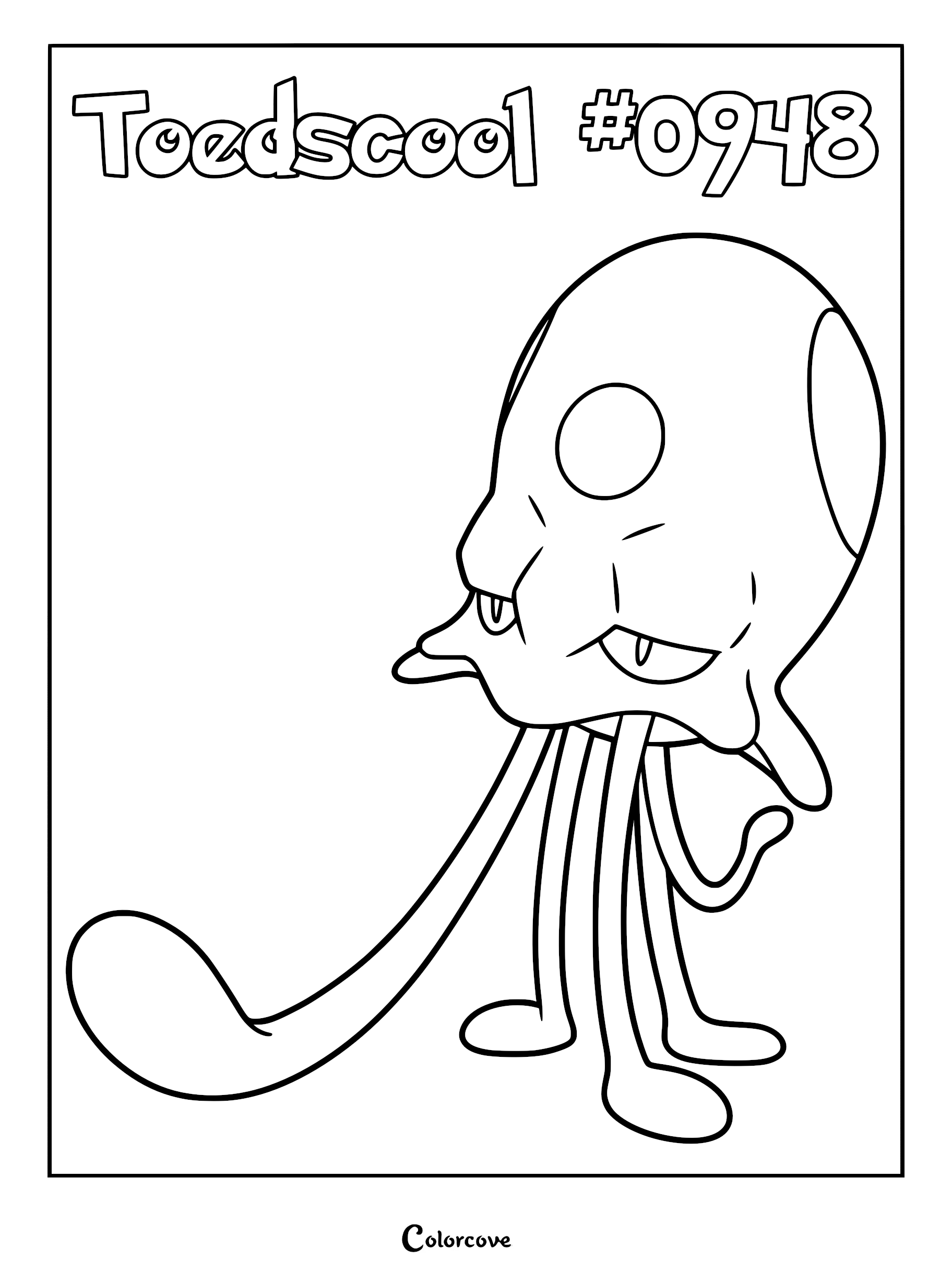 Toedscool coloring page featuring the mushroom-like Pokémon with long tentacles and a distinct cap pattern.