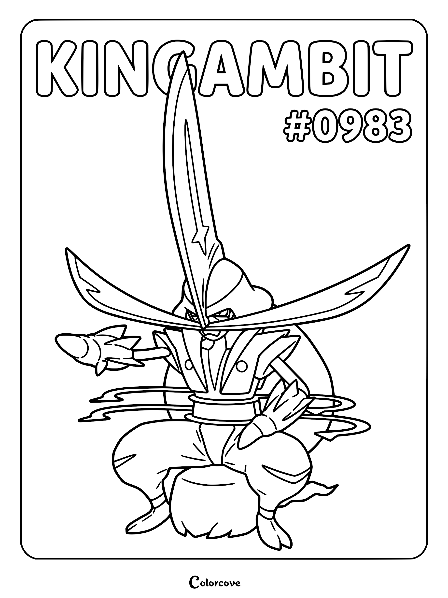 Kingambit coloring page featuring the Gen 9 Paldea Pokémon with its signature blade-like head crest and samurai-inspired armor.