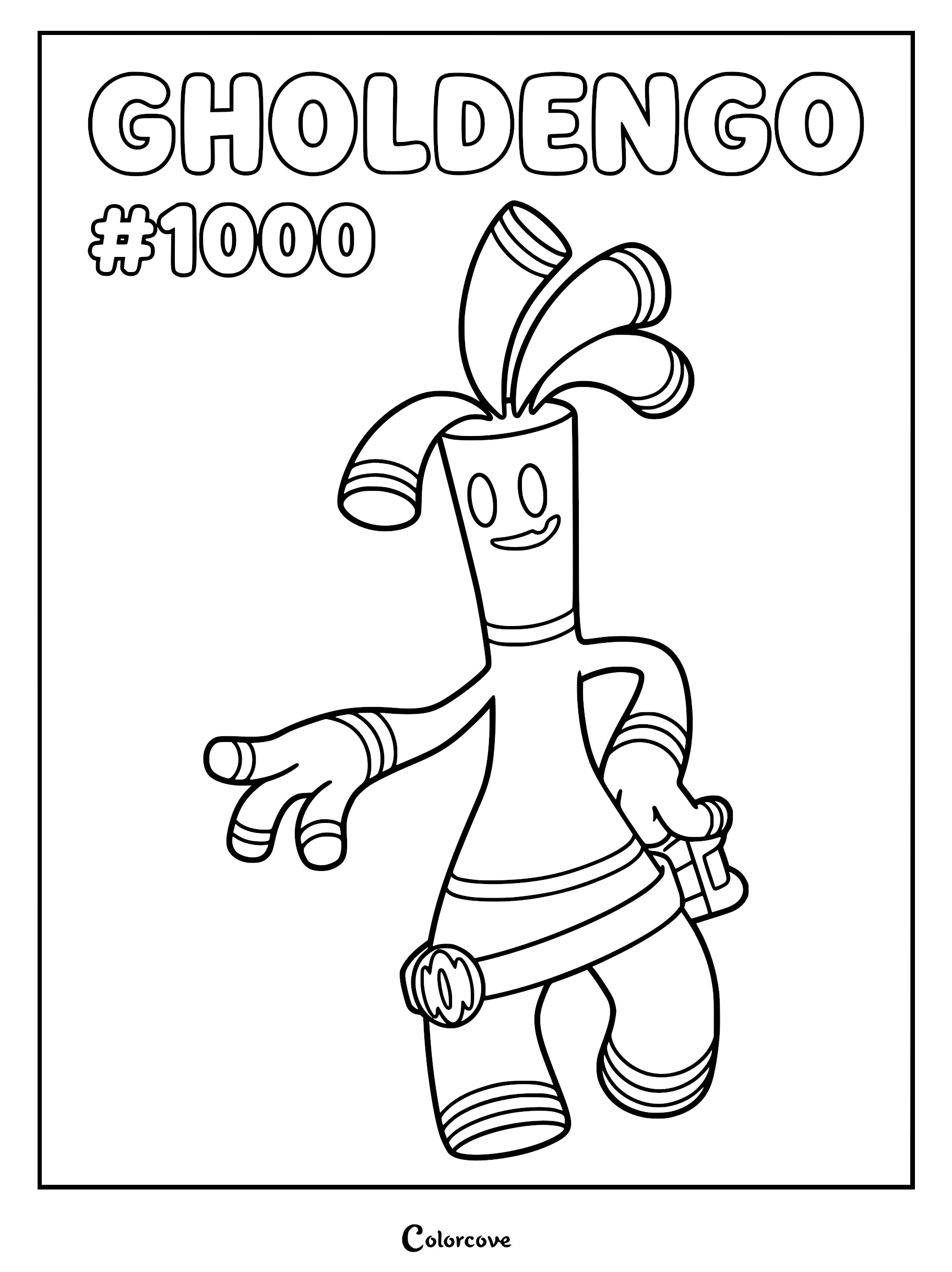 Gholdengo coloring page featuring the gold coin Pokémon with its signature coin-stack hair and smiling expression.