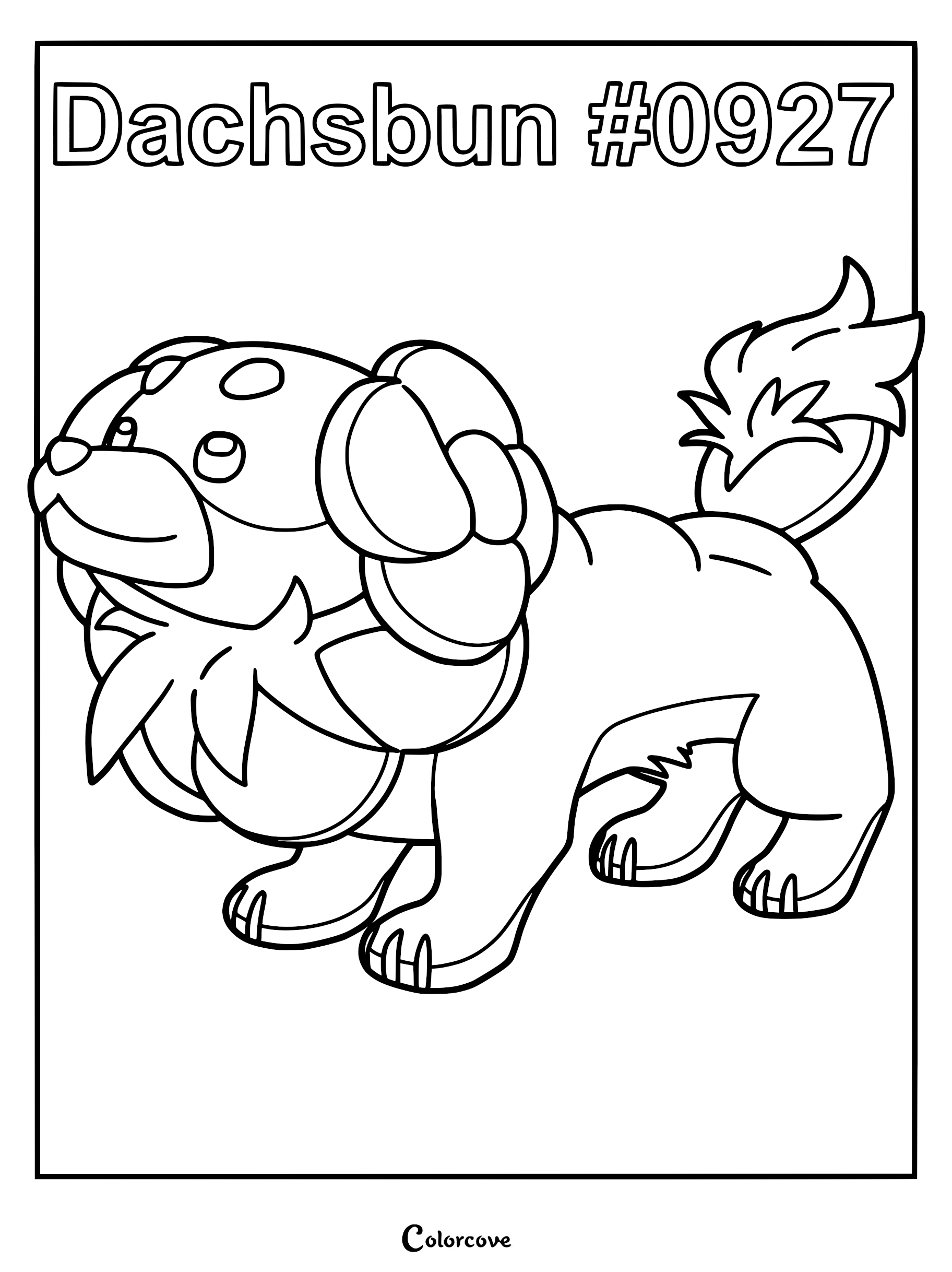 A black and white line art coloring page of the Paldean Pokémon Dachsbun standing in profile with its signature bread-like ears and tail.