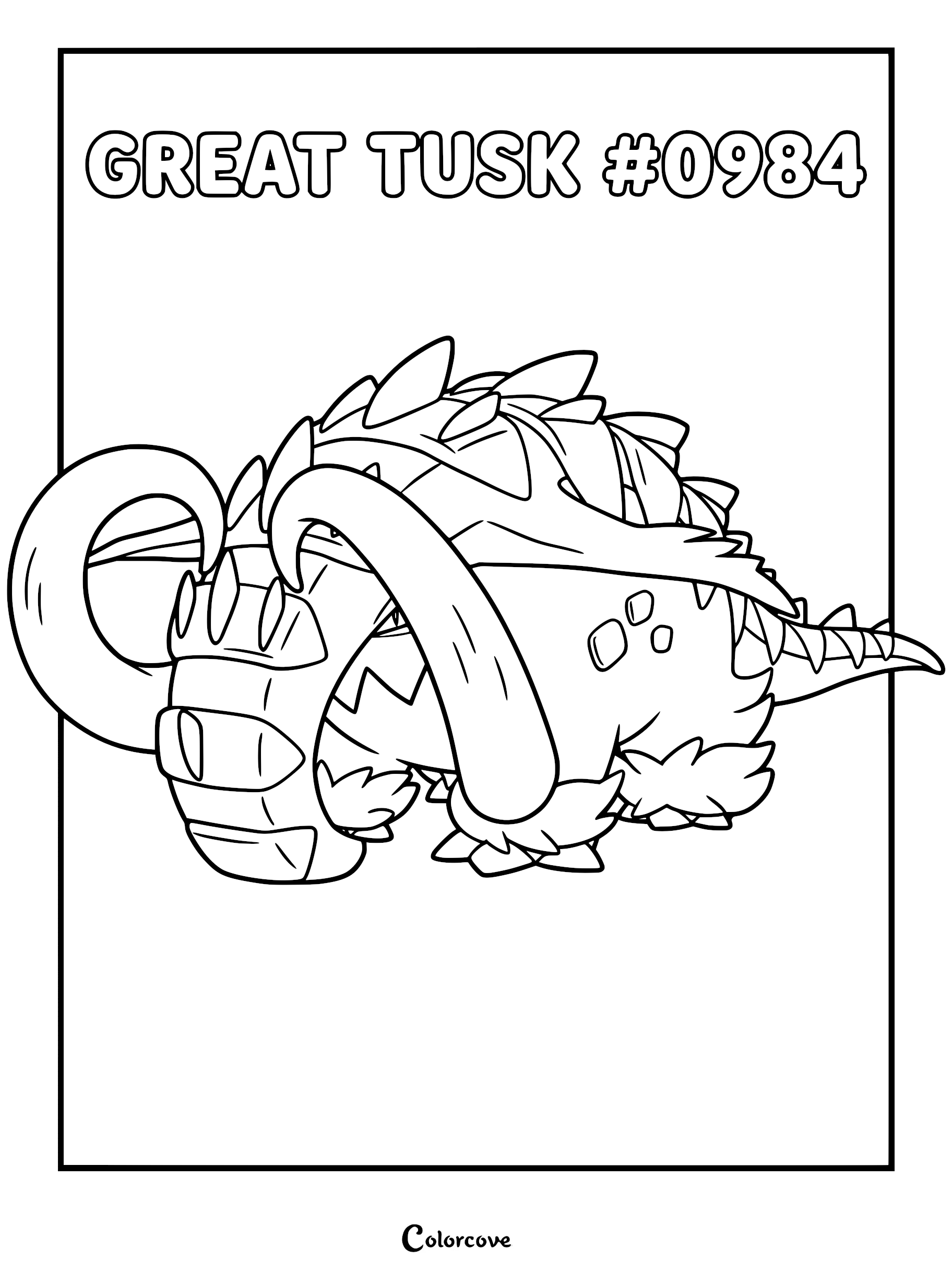 A printable coloring page featuring the Paldean Pokémon Great Tusk with its massive tusks and armored back.