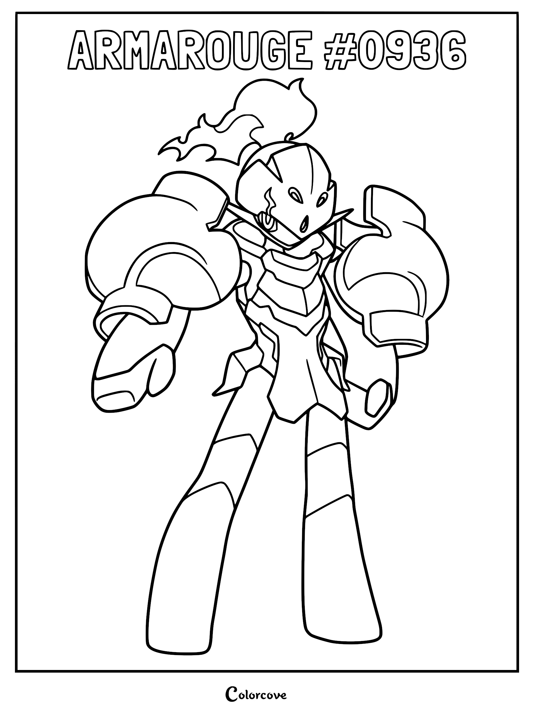 Armarouge coloring page featuring the Fire-type Paldea Pokémon with its signature shoulder cannons and helmet crest.
