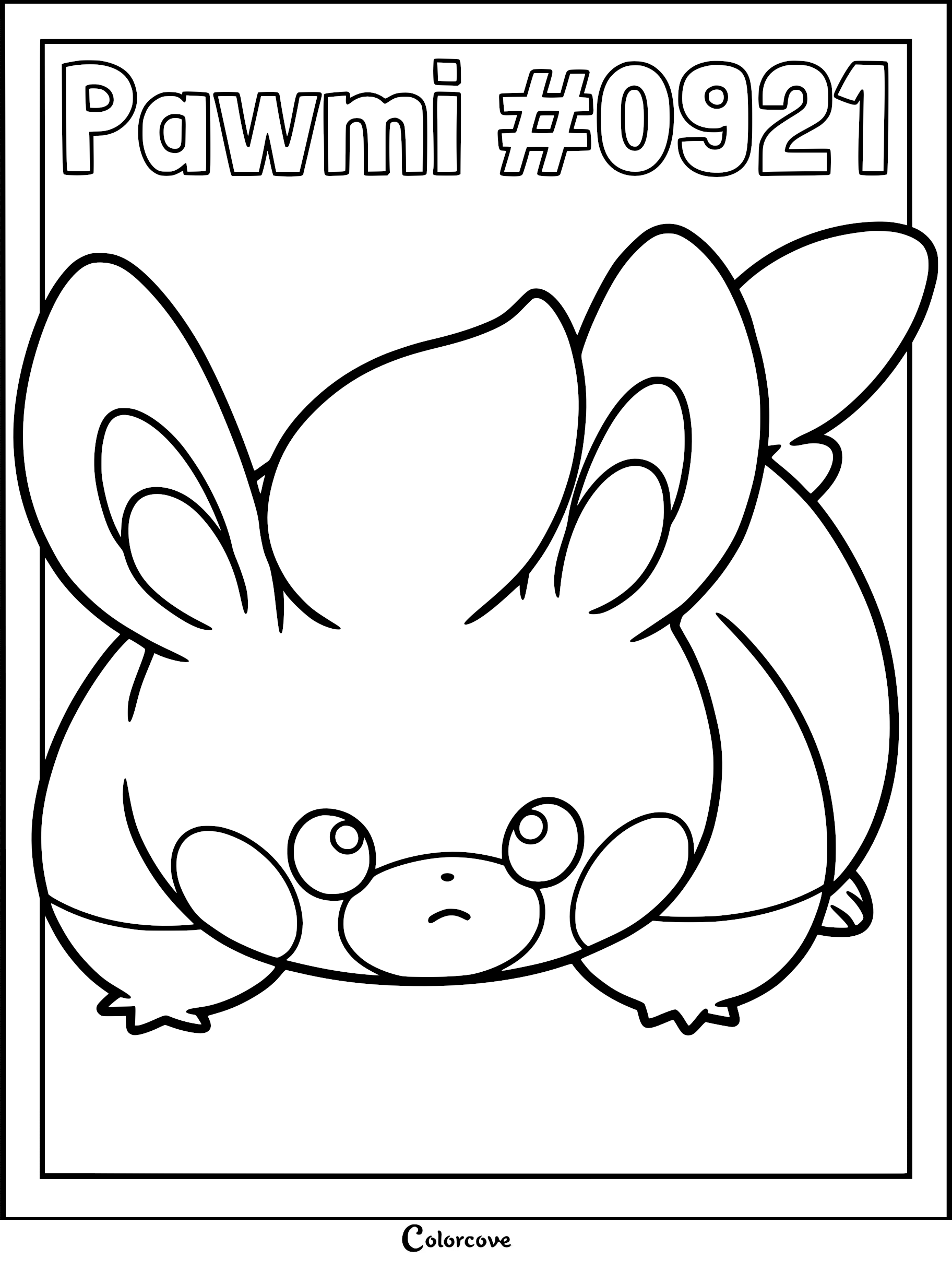 A printable coloring page featuring the Paldean Pokémon Pawmi with large ears and round cheeks in a simple line art style.