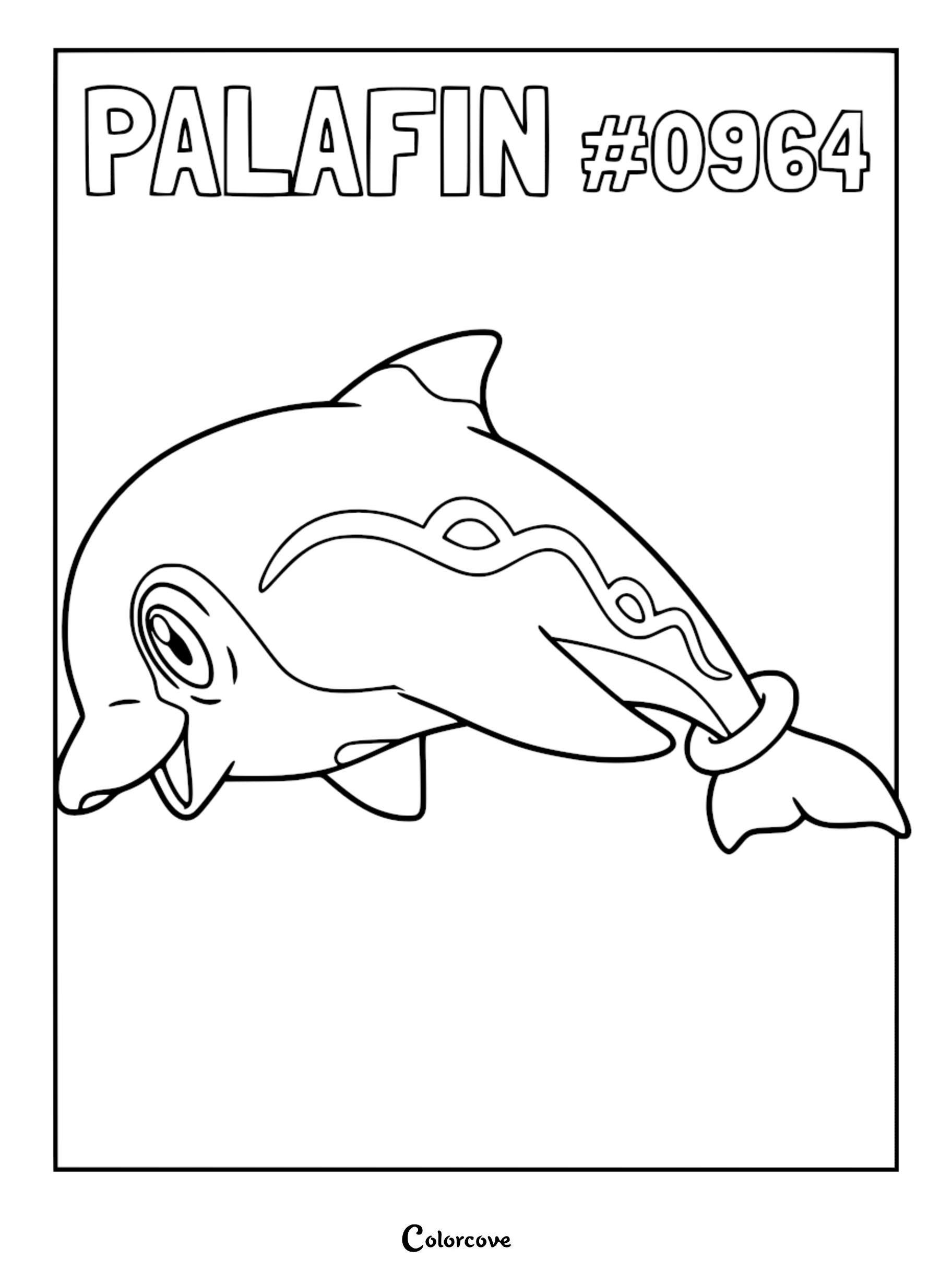 A printable coloring page featuring Palafin, the dolphin Pokémon, with its signature wavy markings and tail ring, rendered in clean black and white line art.